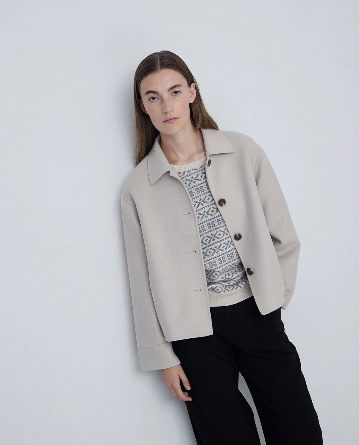 Handmade wool short coat in ecru by YERSE