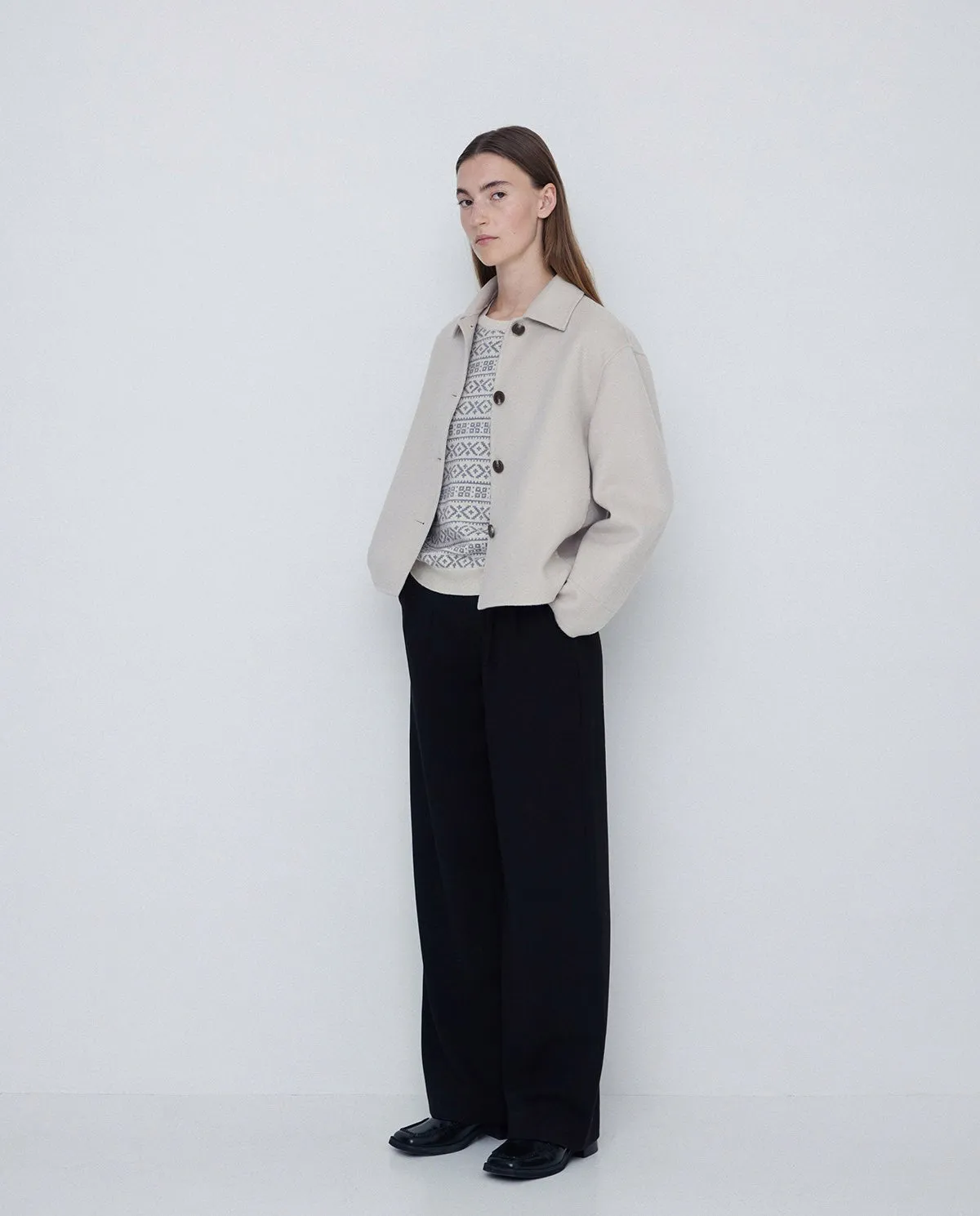 Handmade wool short coat in ecru by YERSE