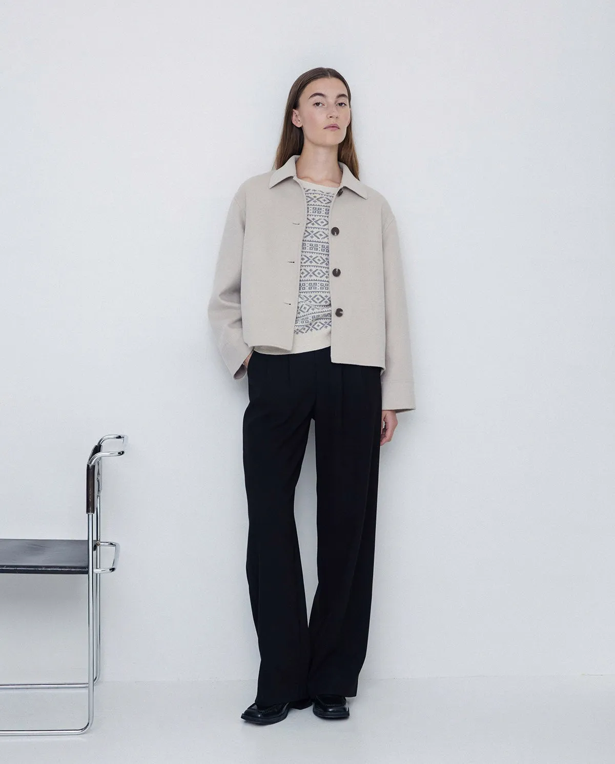 Handmade wool short coat in ecru by YERSE