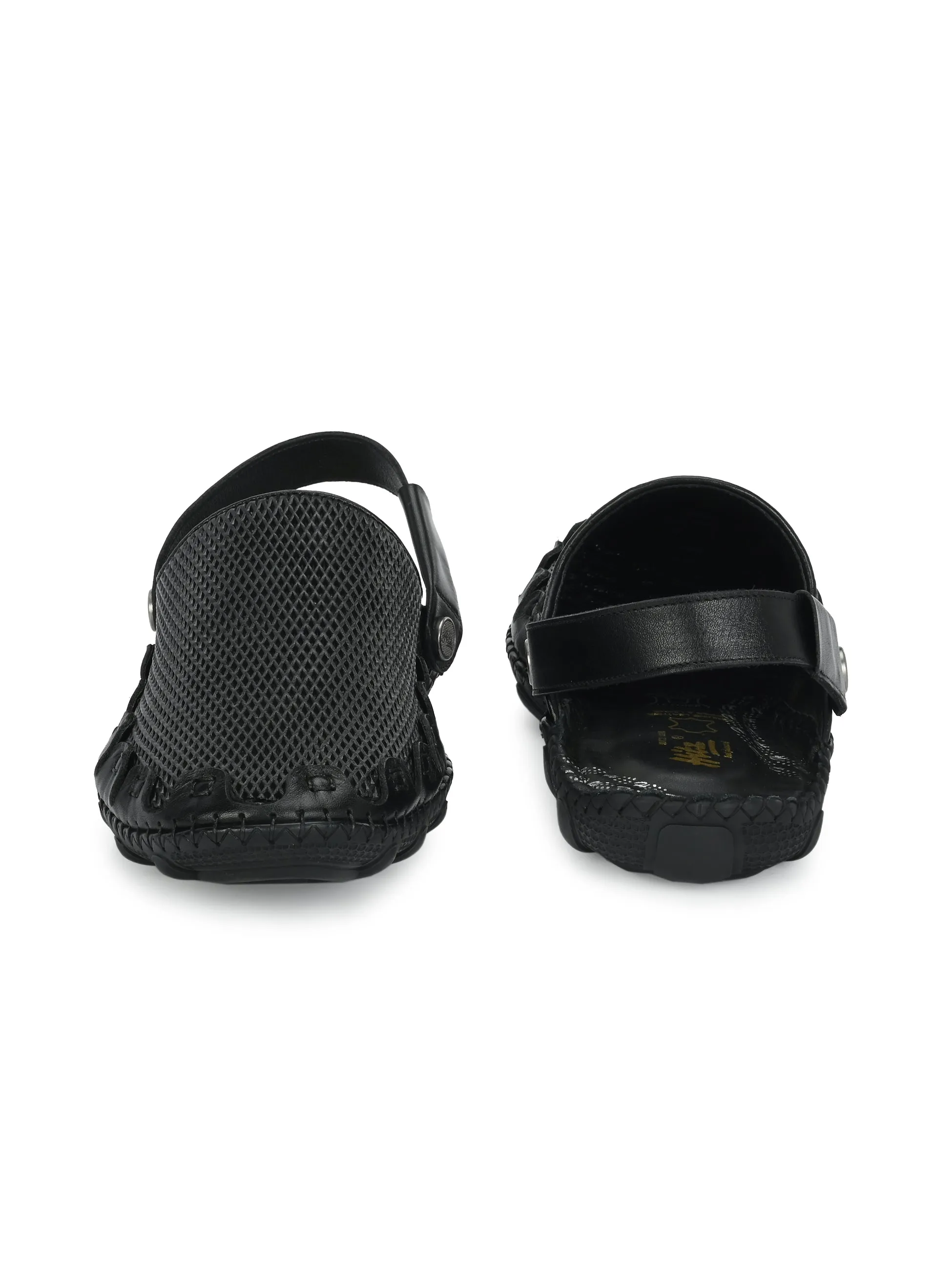 Hitz Men's Black Leather Comfortable Shoe Style Sandals with Back Strap