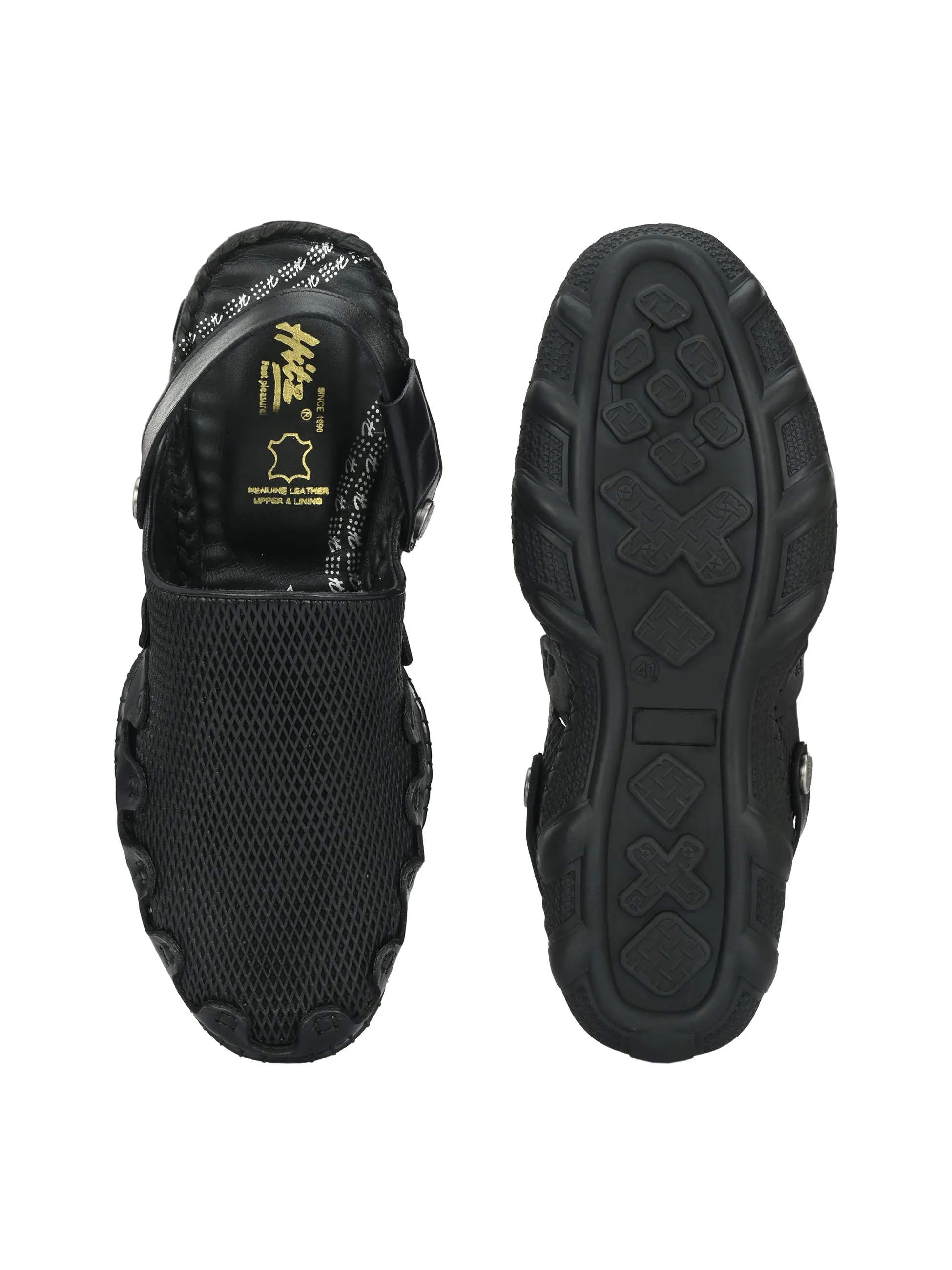 Hitz Men's Black Leather Comfortable Shoe Style Sandals with Back Strap