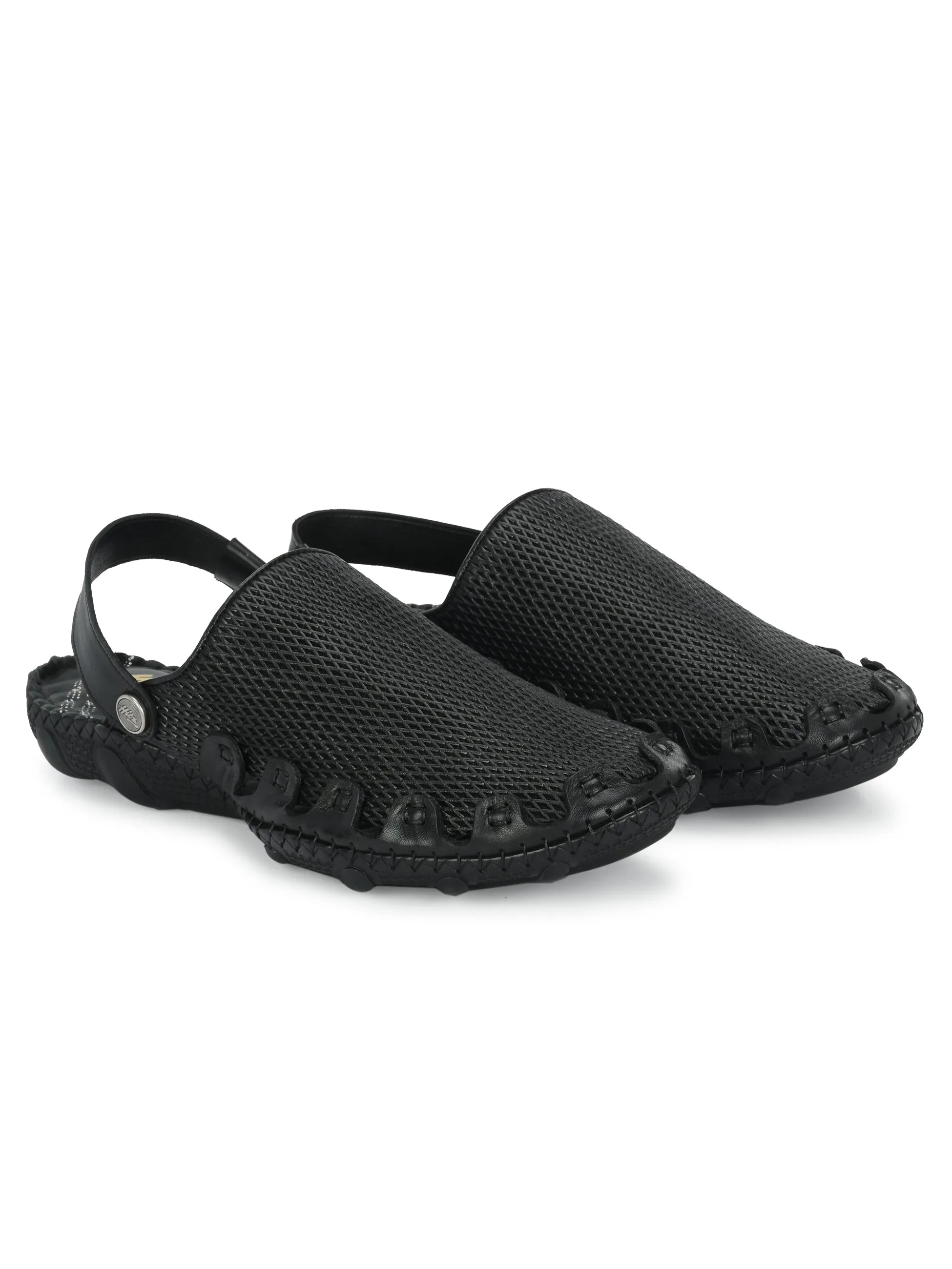 Hitz Men's Black Leather Comfortable Shoe Style Sandals with Back Strap