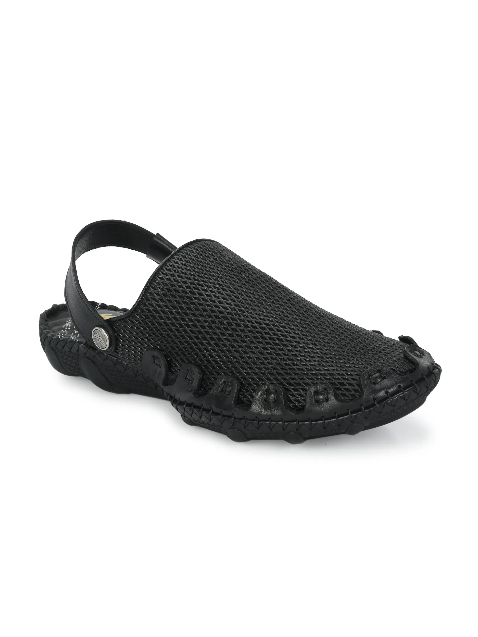 Hitz Men's Black Leather Comfortable Shoe Style Sandals with Back Strap