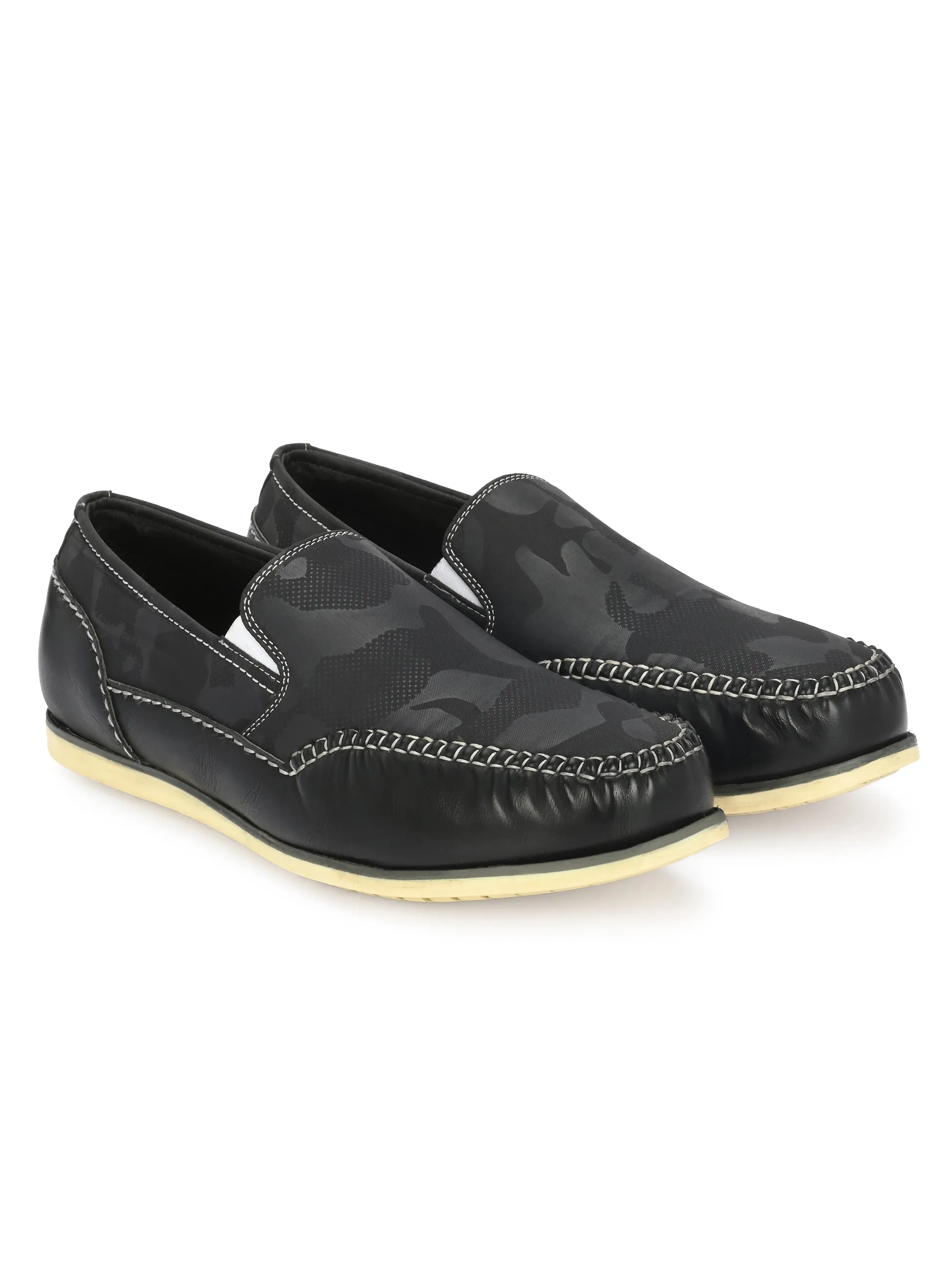 Hitz Men's Black Leather Moccasins Boat Shoes