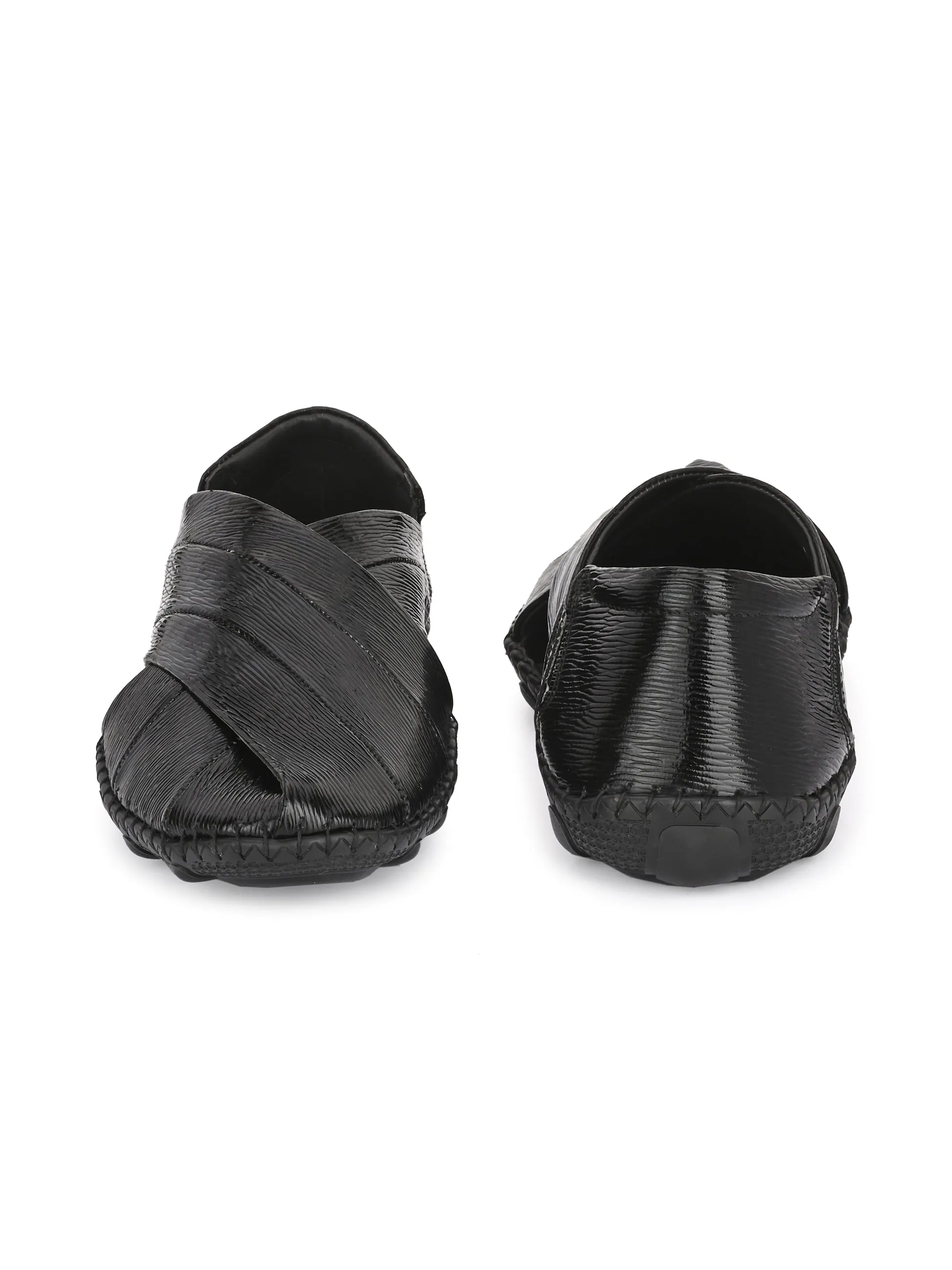 Hitz Men's Black Leather Slip-On Shoe Style Sandals