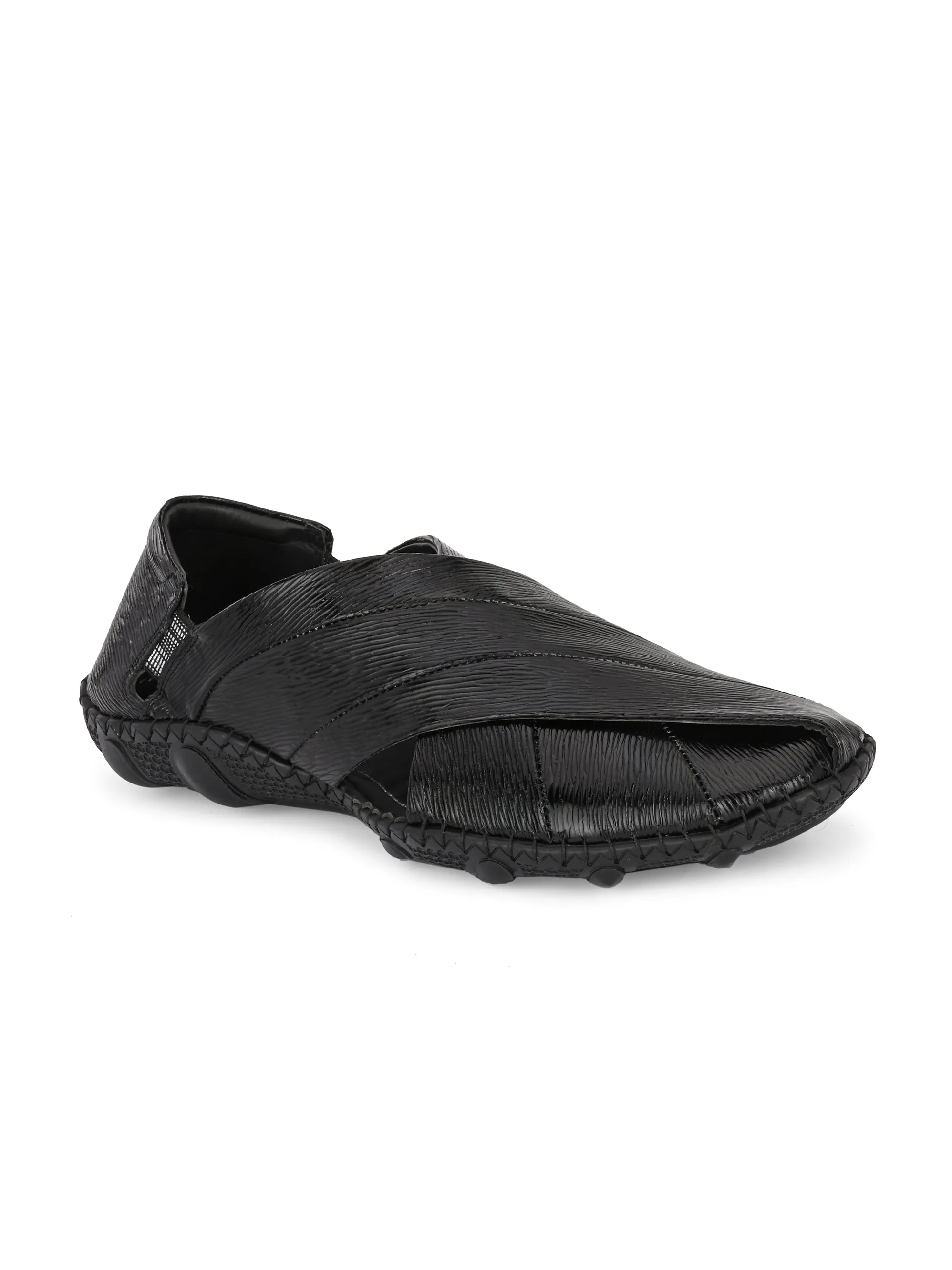 Hitz Men's Black Leather Slip-On Shoe Style Sandals