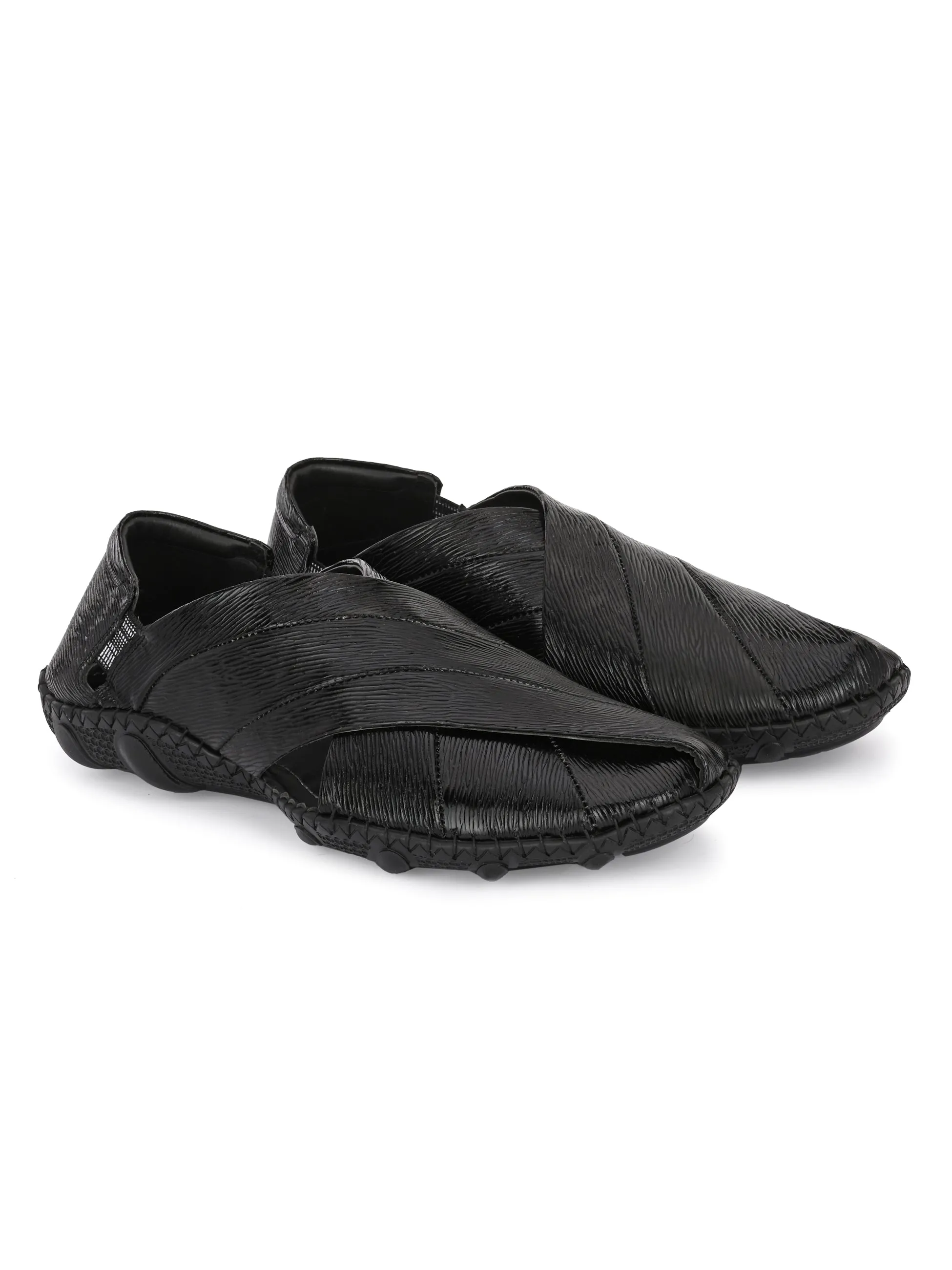 Hitz Men's Black Leather Slip-On Shoe Style Sandals