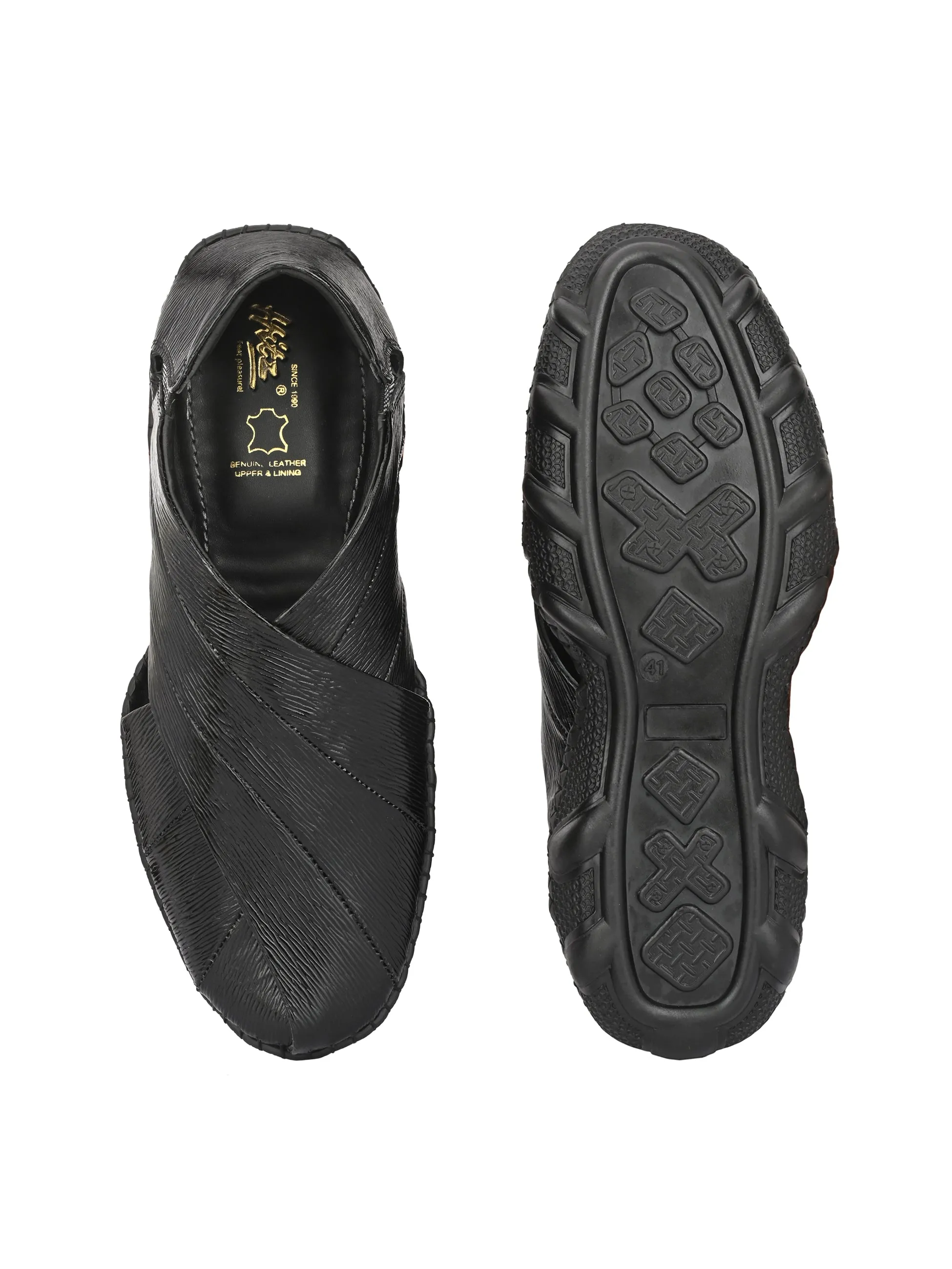 Hitz Men's Black Leather Slip-On Shoe Style Sandals