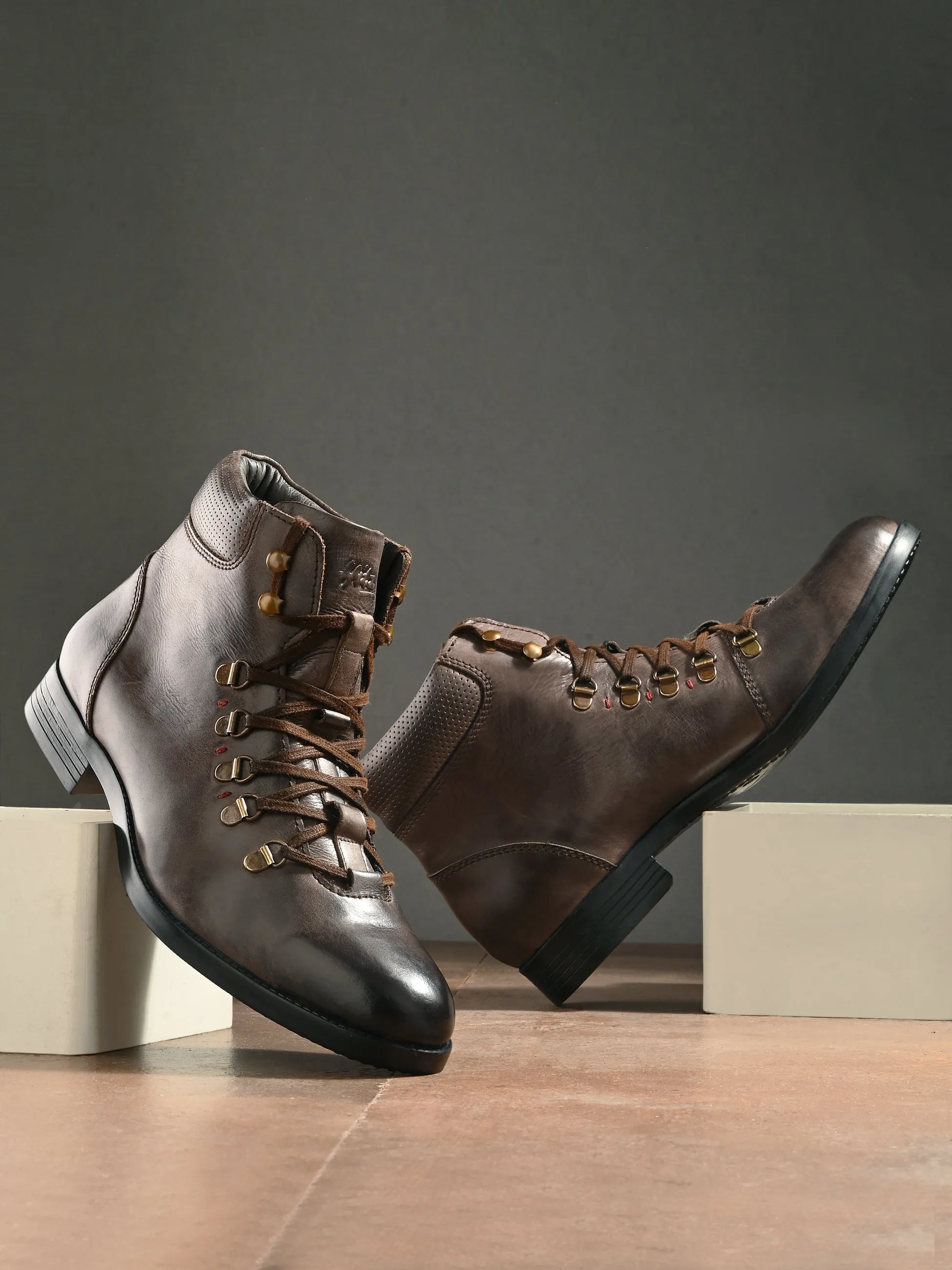 Hitz Men's Brown Leather Lace-up Ankle Boot Shoes