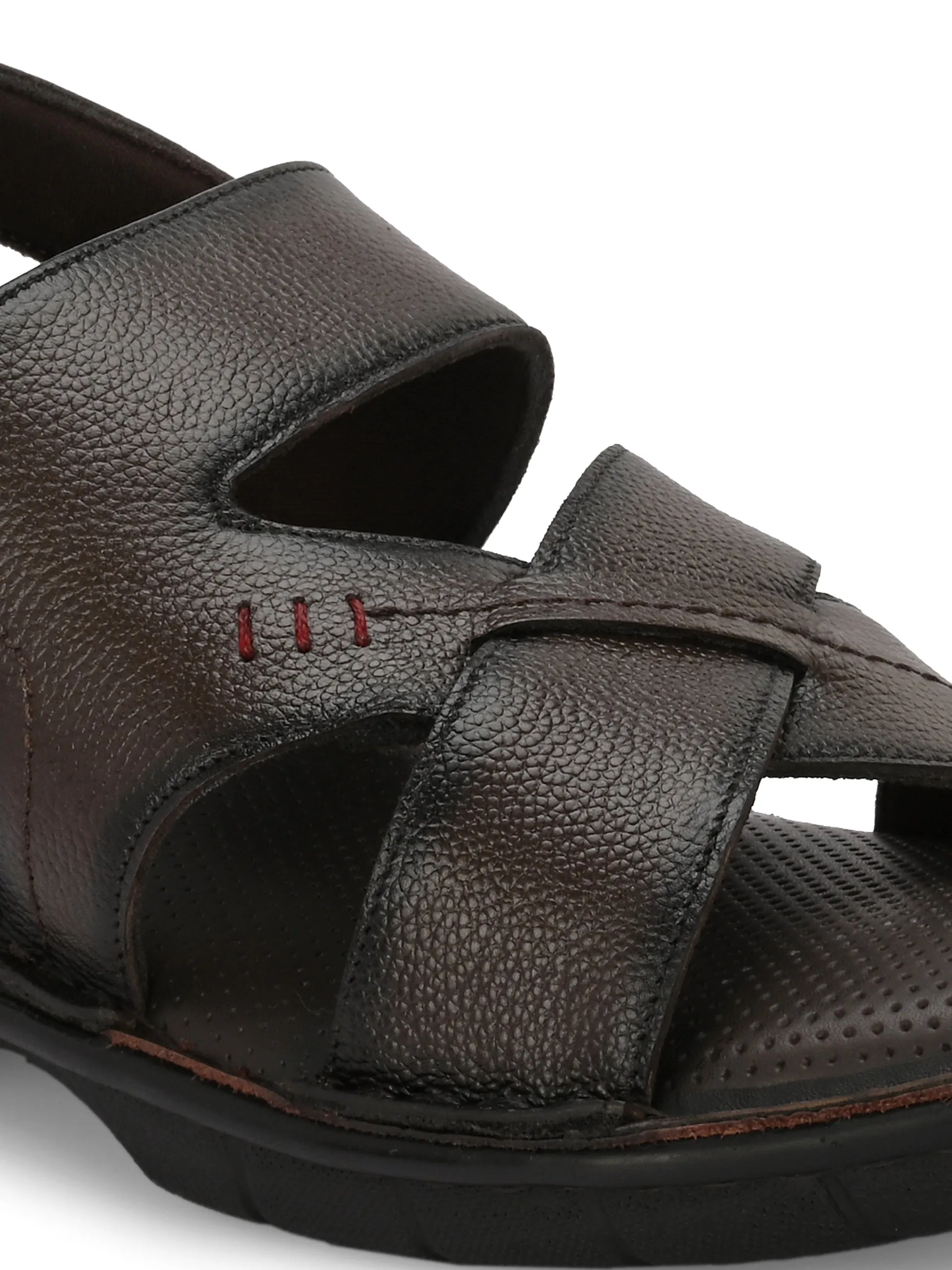Hitz Men's Brown Leather Open Toe Comfort Sandals with Velcro Closure