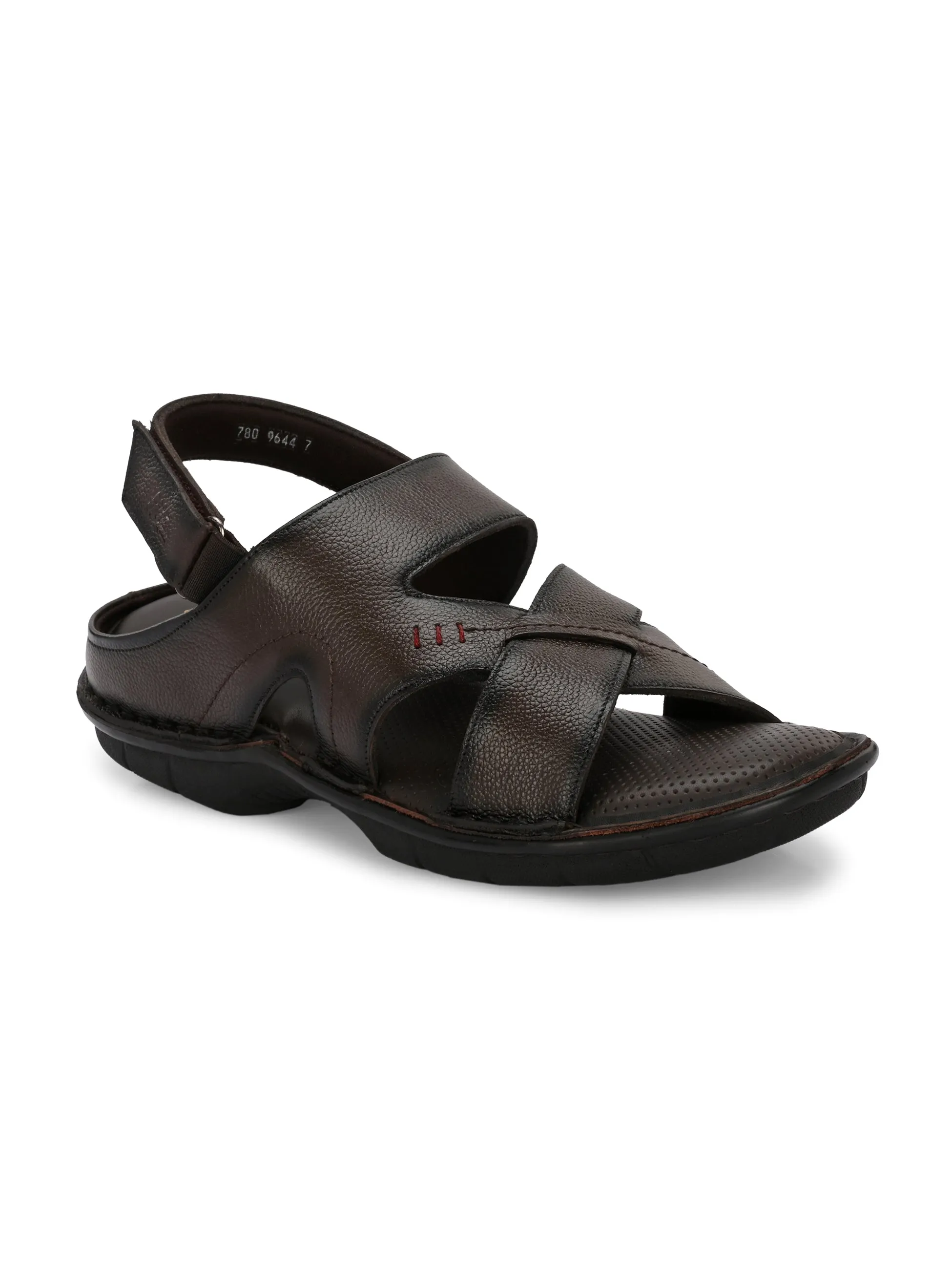 Hitz Men's Brown Leather Open Toe Comfort Sandals with Velcro Closure