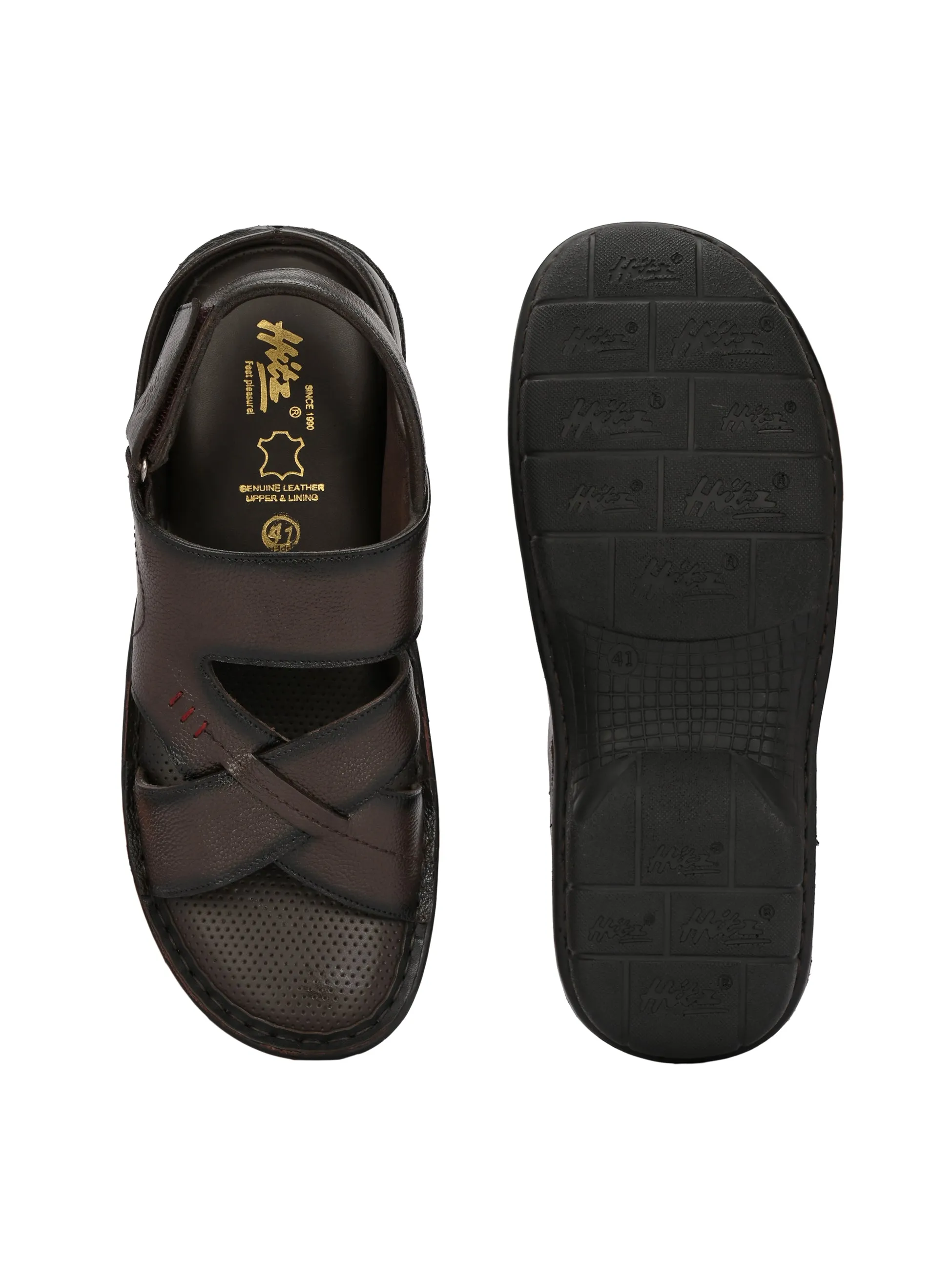 Hitz Men's Brown Leather Open Toe Comfort Sandals with Velcro Closure