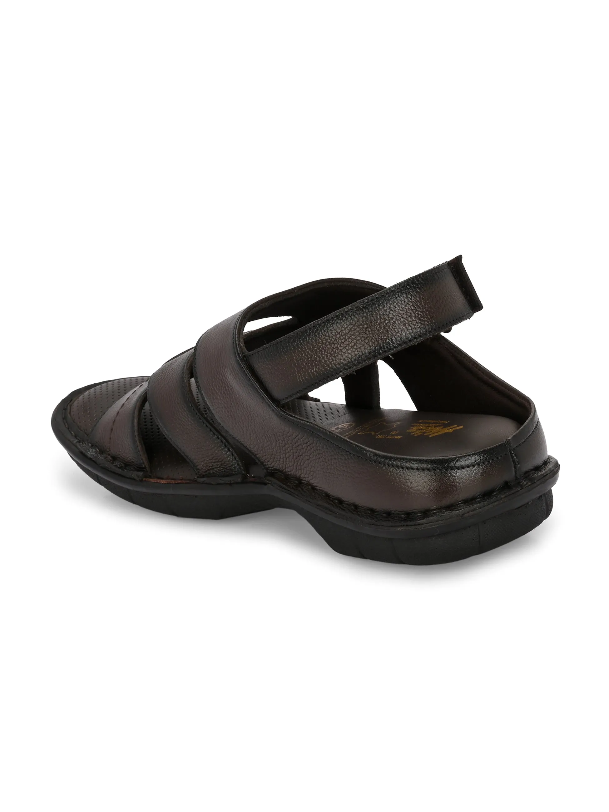 Hitz Men's Brown Leather Open Toe Comfort Sandals with Velcro Closure