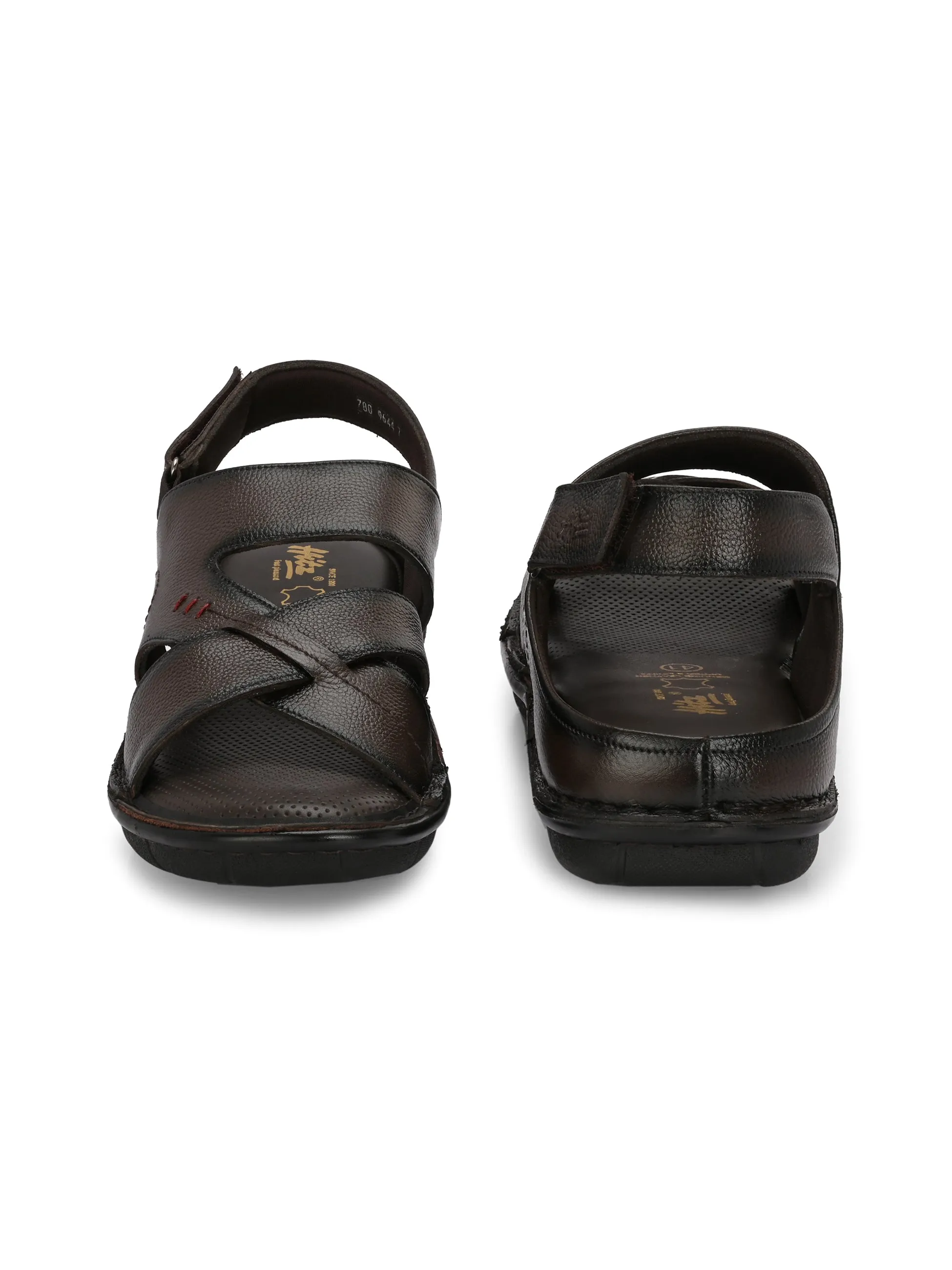 Hitz Men's Brown Leather Open Toe Comfort Sandals with Velcro Closure