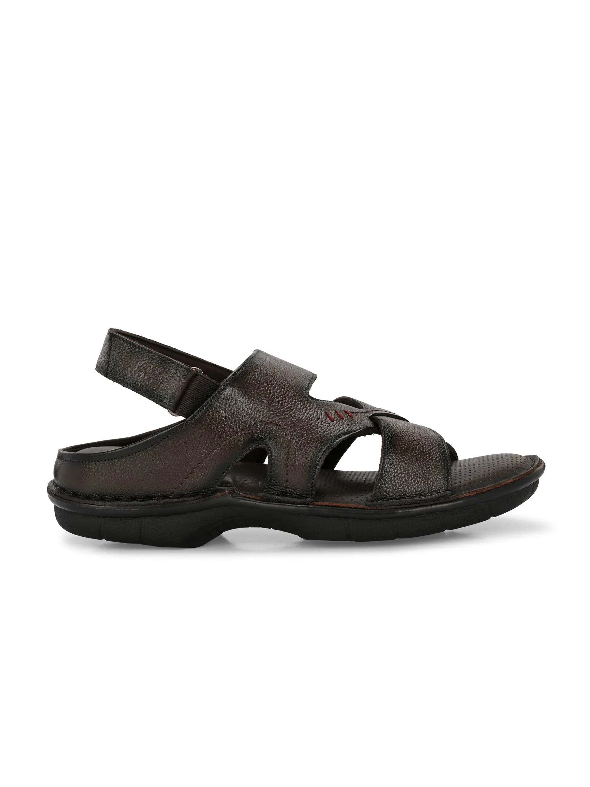 Hitz Men's Brown Leather Open Toe Comfort Sandals with Velcro Closure