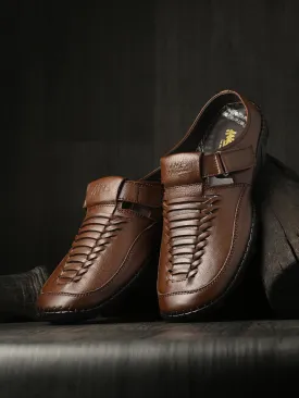 Hitz Men's Tan Leather Casual Daily Wear Velcro Sandals