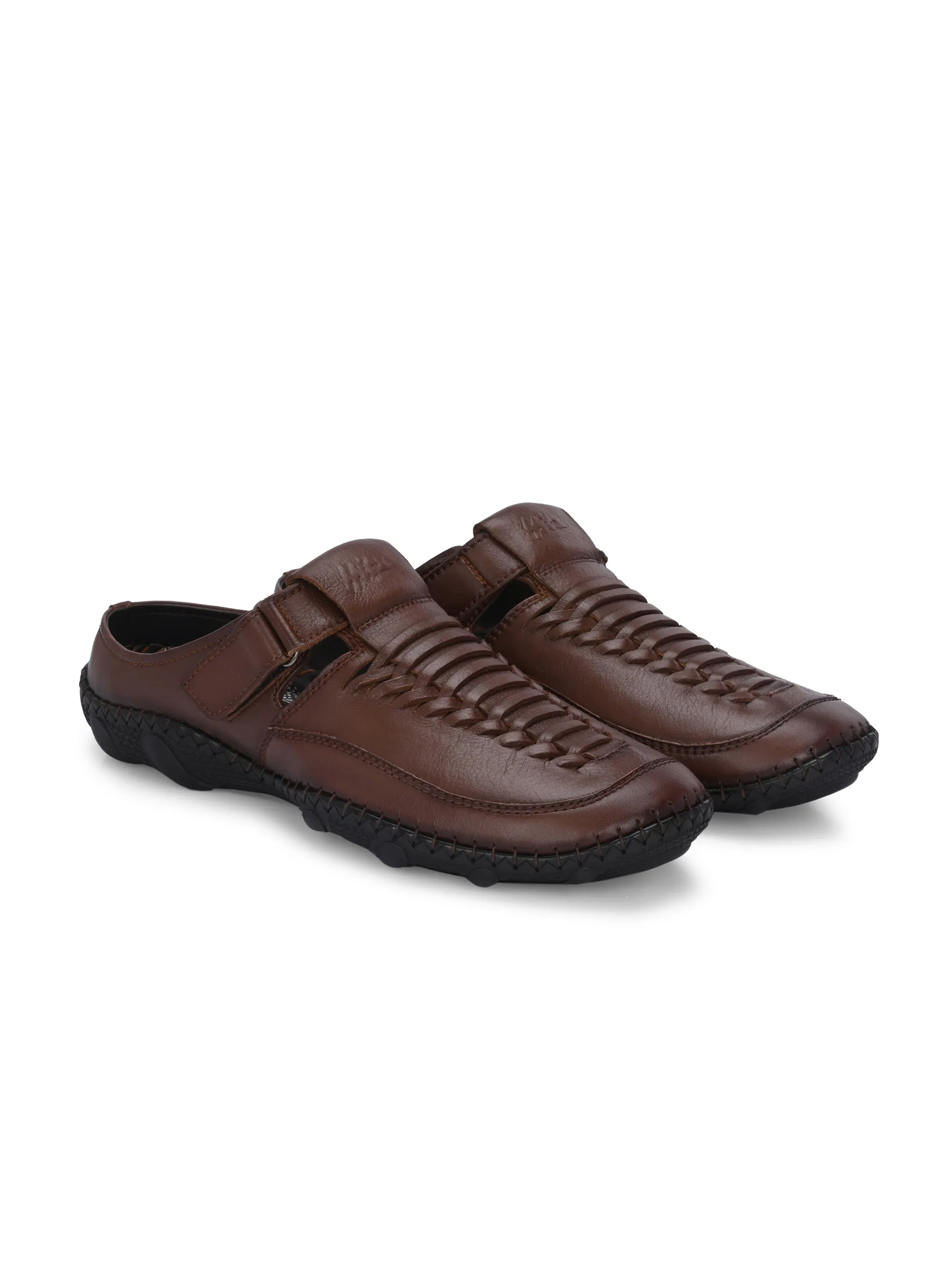 Hitz Men's Tan Leather Casual Daily Wear Velcro Sandals