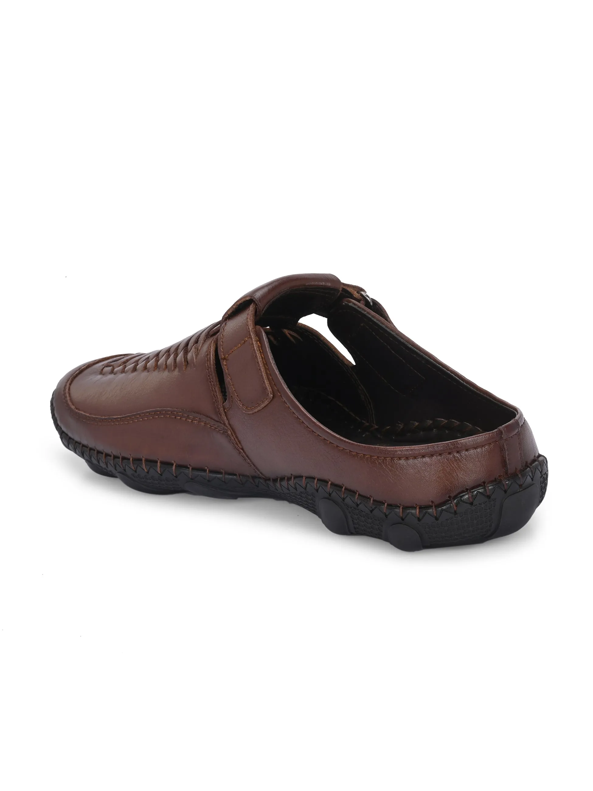 Hitz Men's Tan Leather Casual Daily Wear Velcro Sandals