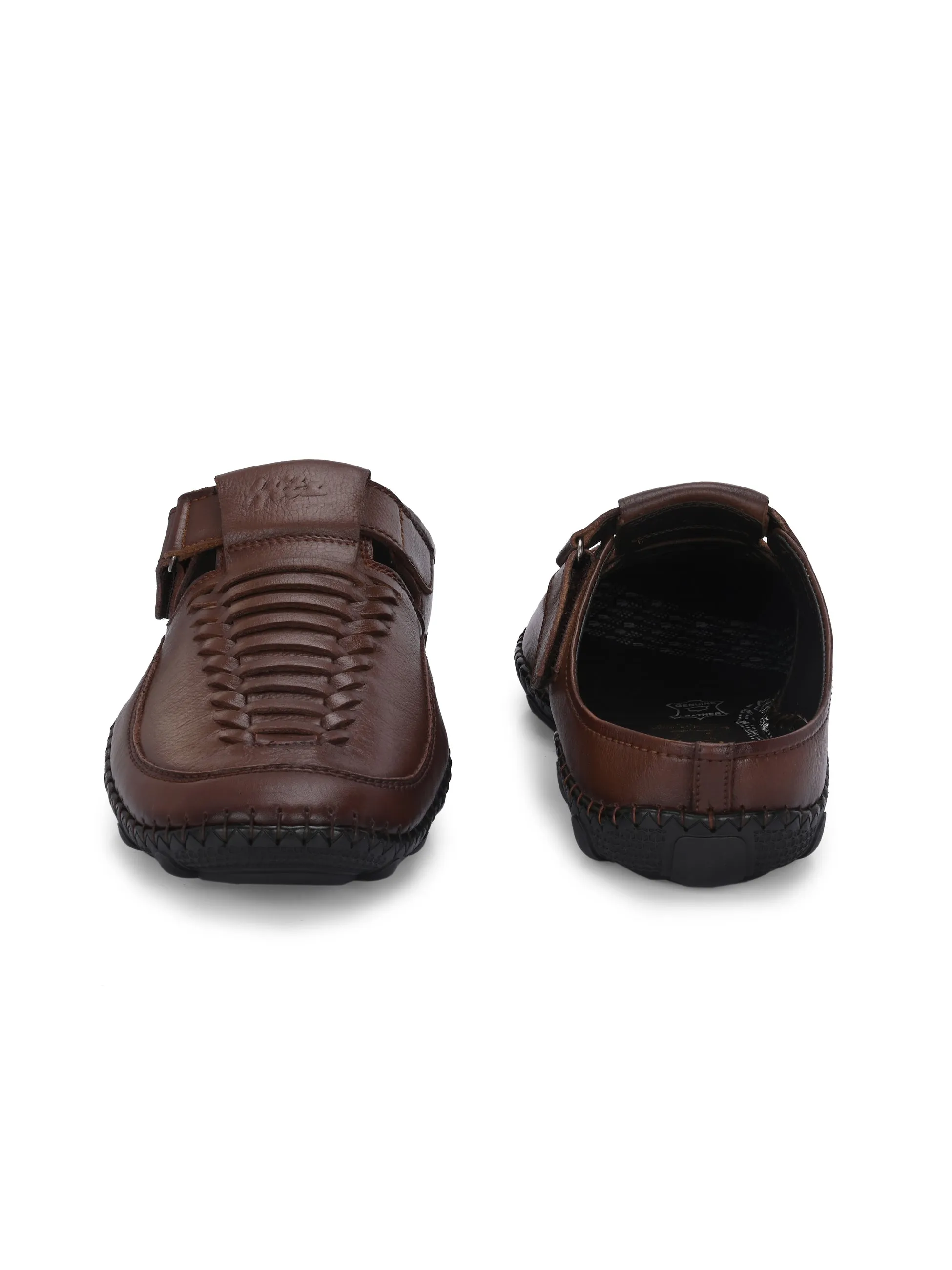 Hitz Men's Tan Leather Casual Daily Wear Velcro Sandals