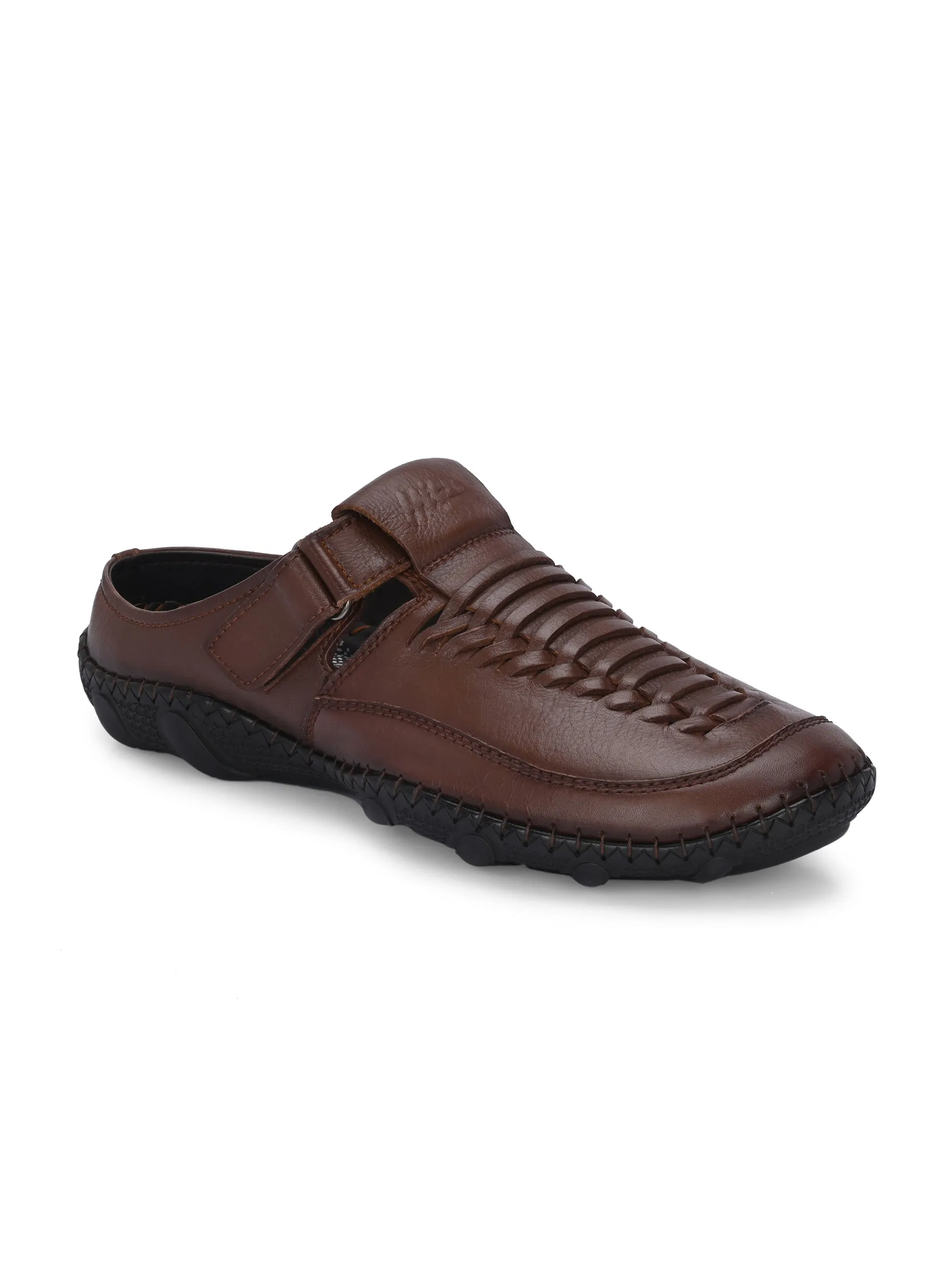 Hitz Men's Tan Leather Casual Daily Wear Velcro Sandals