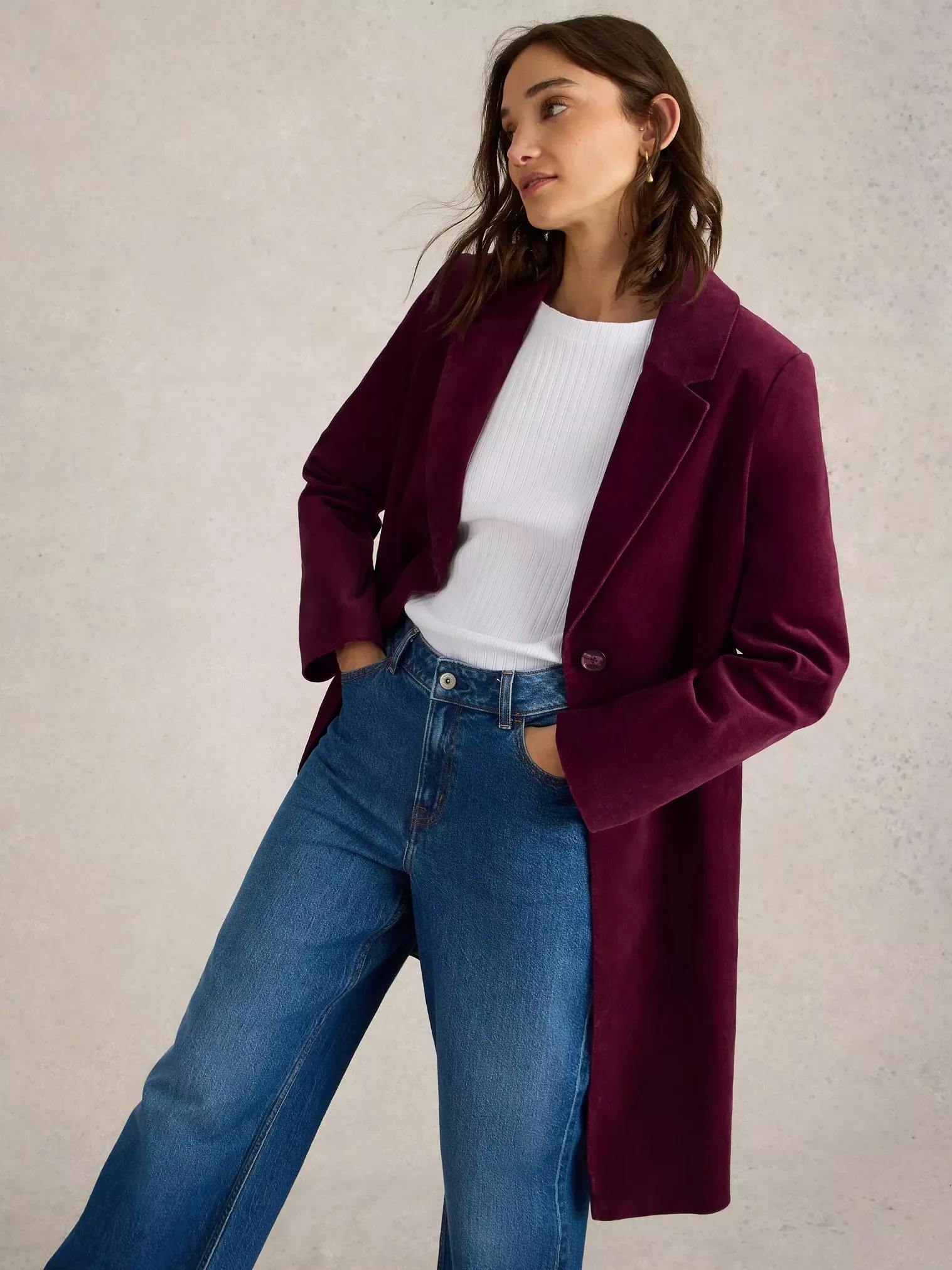 Kamila Velvet Coat in Plum by White Stuff