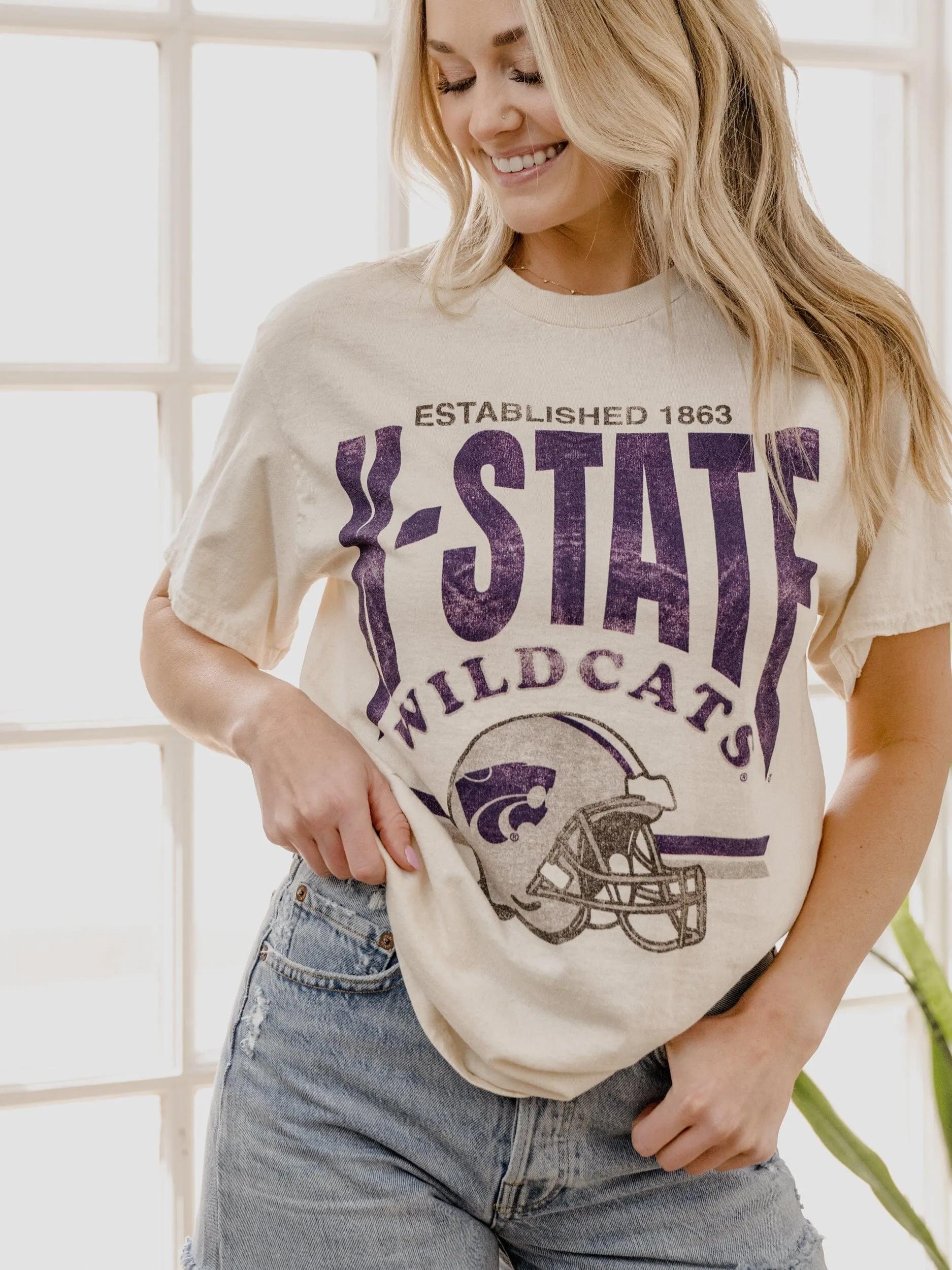 KSU Wildcats Established Date Helmet Off White Thrifted Tee