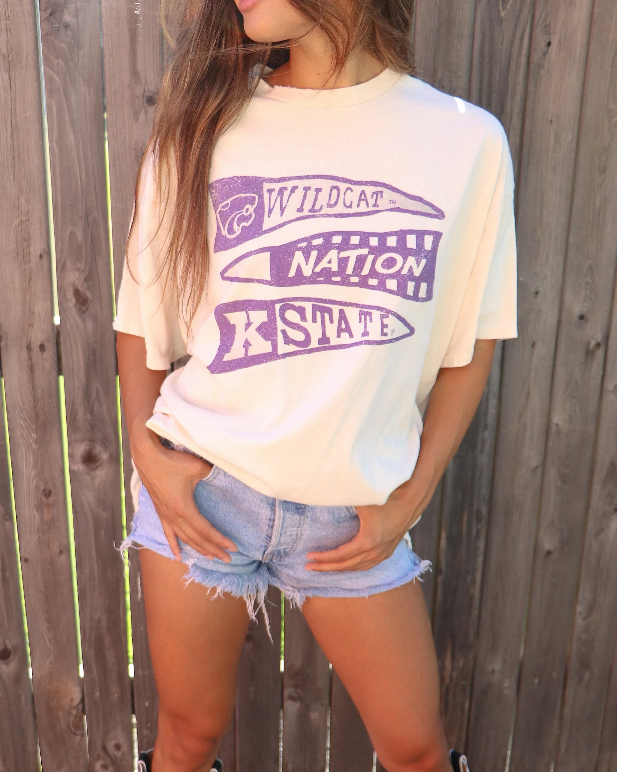 KSU Wildcats Pennant Off White Thrifted Tee