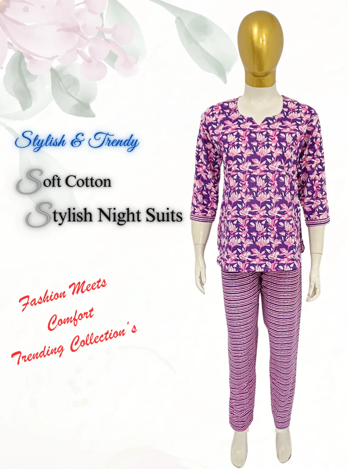 MANGAI Premium Cotton Printed Cambric Night Suits | Stylish Print's All Over | Top & Bottom Set | 3/4 Sleeve | Trendy Night Suits for Stylish Women's (CMNS)