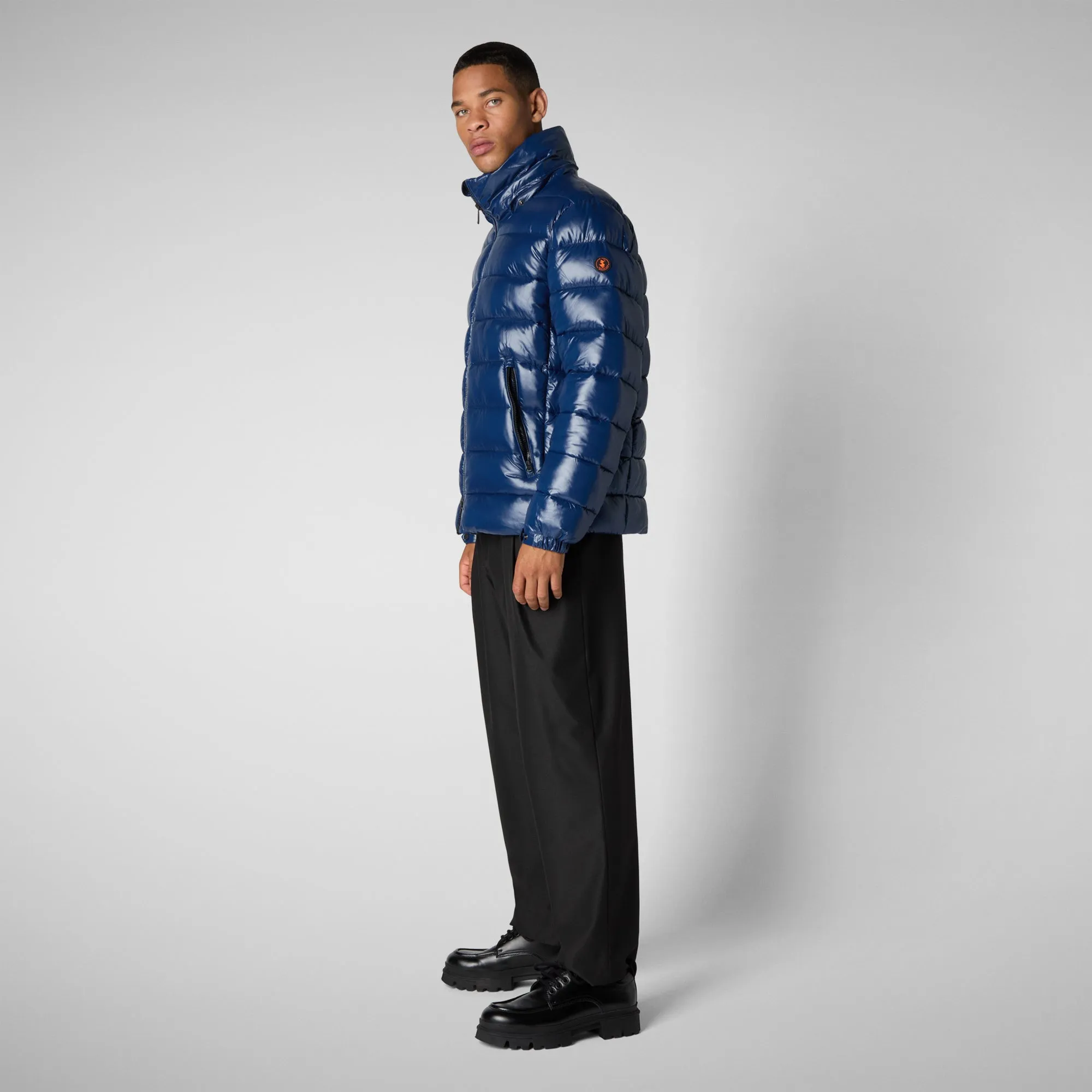 Man's animal free hooded puffer jacket Florian in ink blue