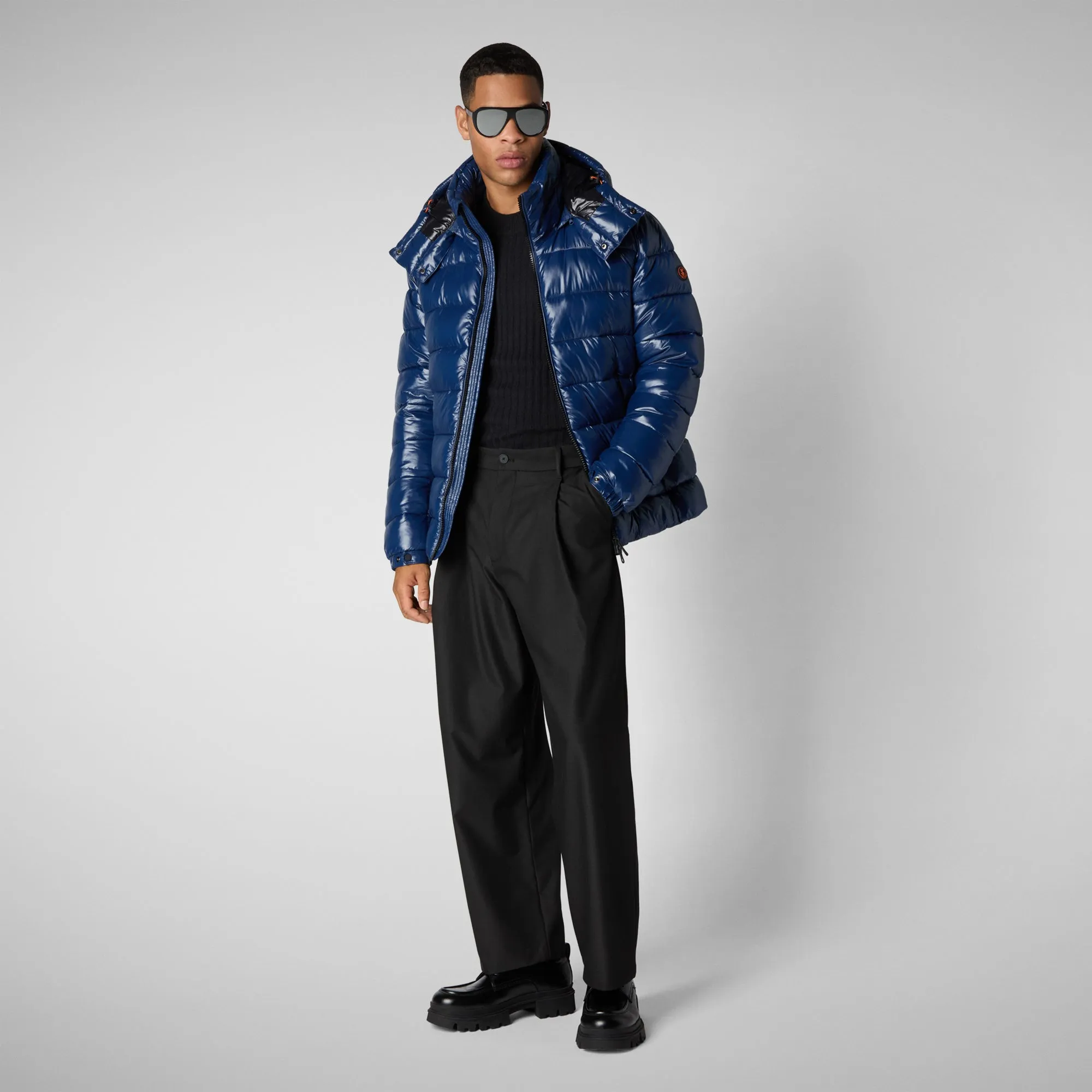 Man's animal free hooded puffer jacket Florian in ink blue