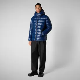 Man's animal free hooded puffer jacket Florian in ink blue