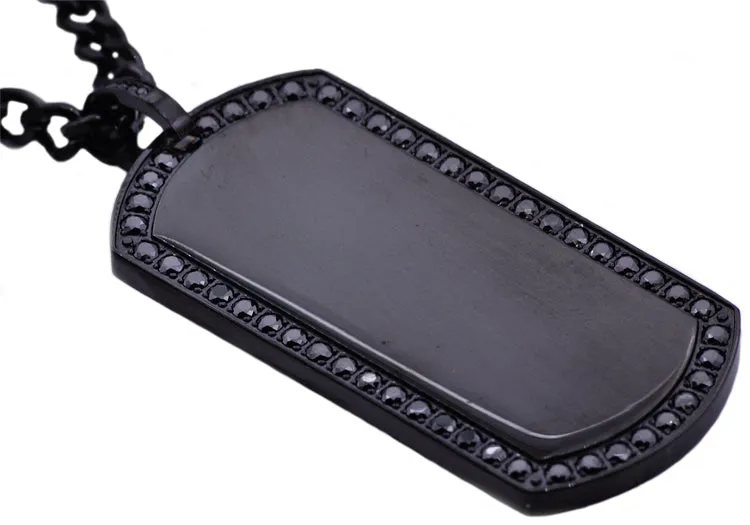 Mens Black Plated Stainless Steel Dog Tag Pendant With Black Cubic Zirconia