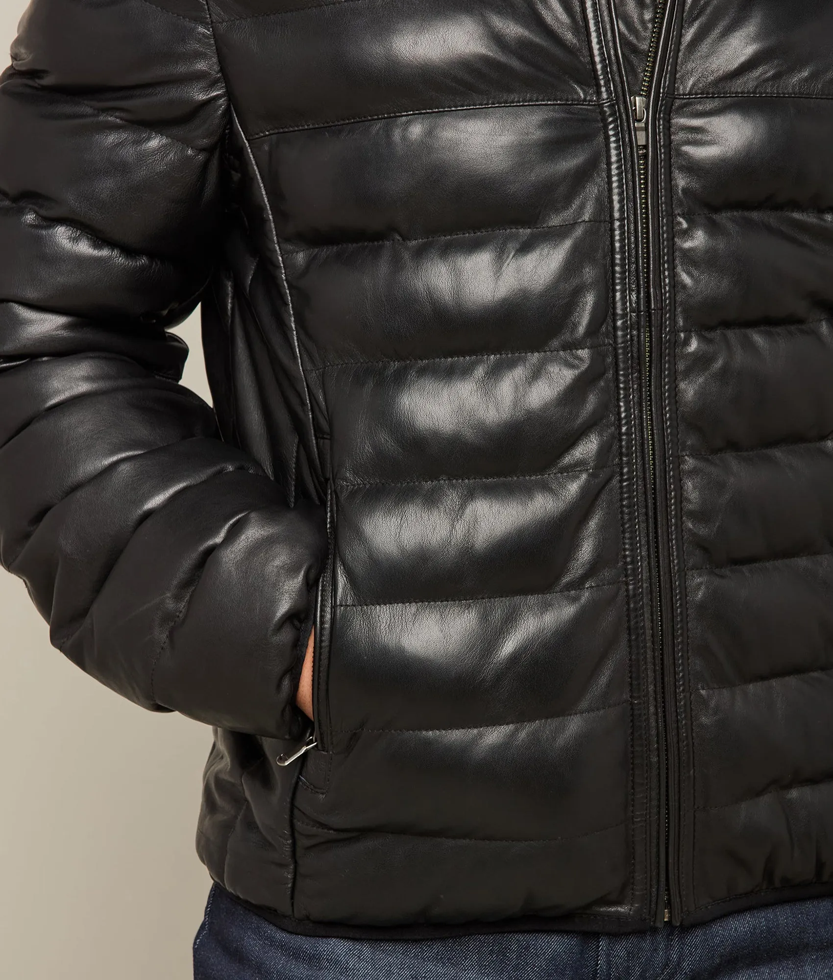Men's Leather Puffer Jacket :: Black