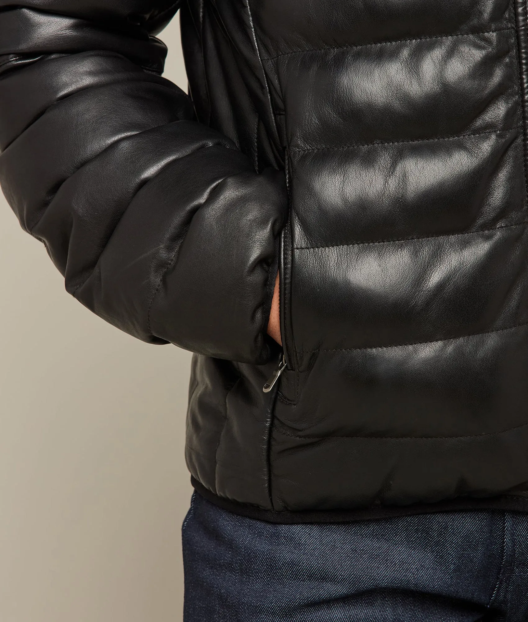 Men's Leather Puffer Jacket :: Black