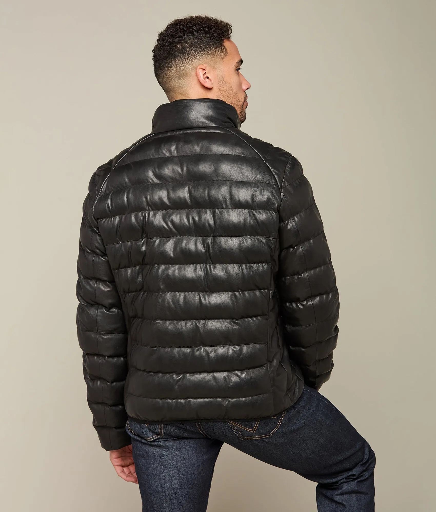 Men's Leather Puffer Jacket :: Black