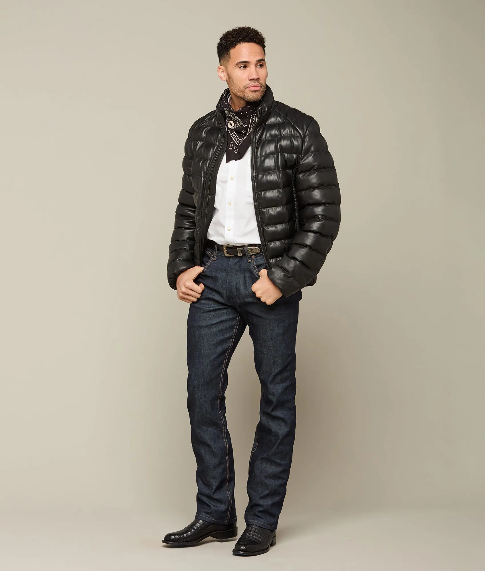 Men's Leather Puffer Jacket :: Black
