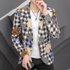 Men's Plaid Patchwork Blazer Suit Jacket High Quality Smart Casual Streetwear