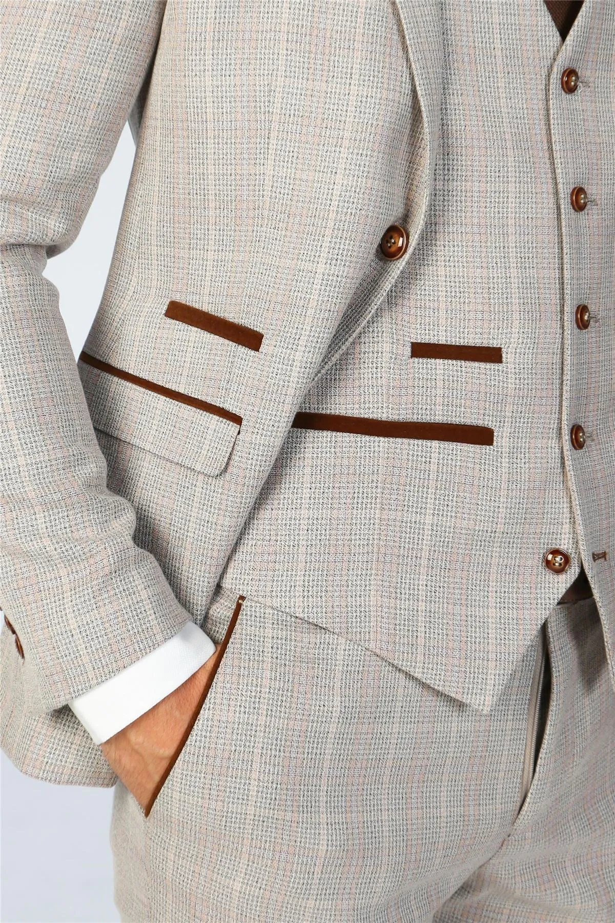 Men's Suit Beige 3 Piece Checked Tailored Fit Formal Dress
