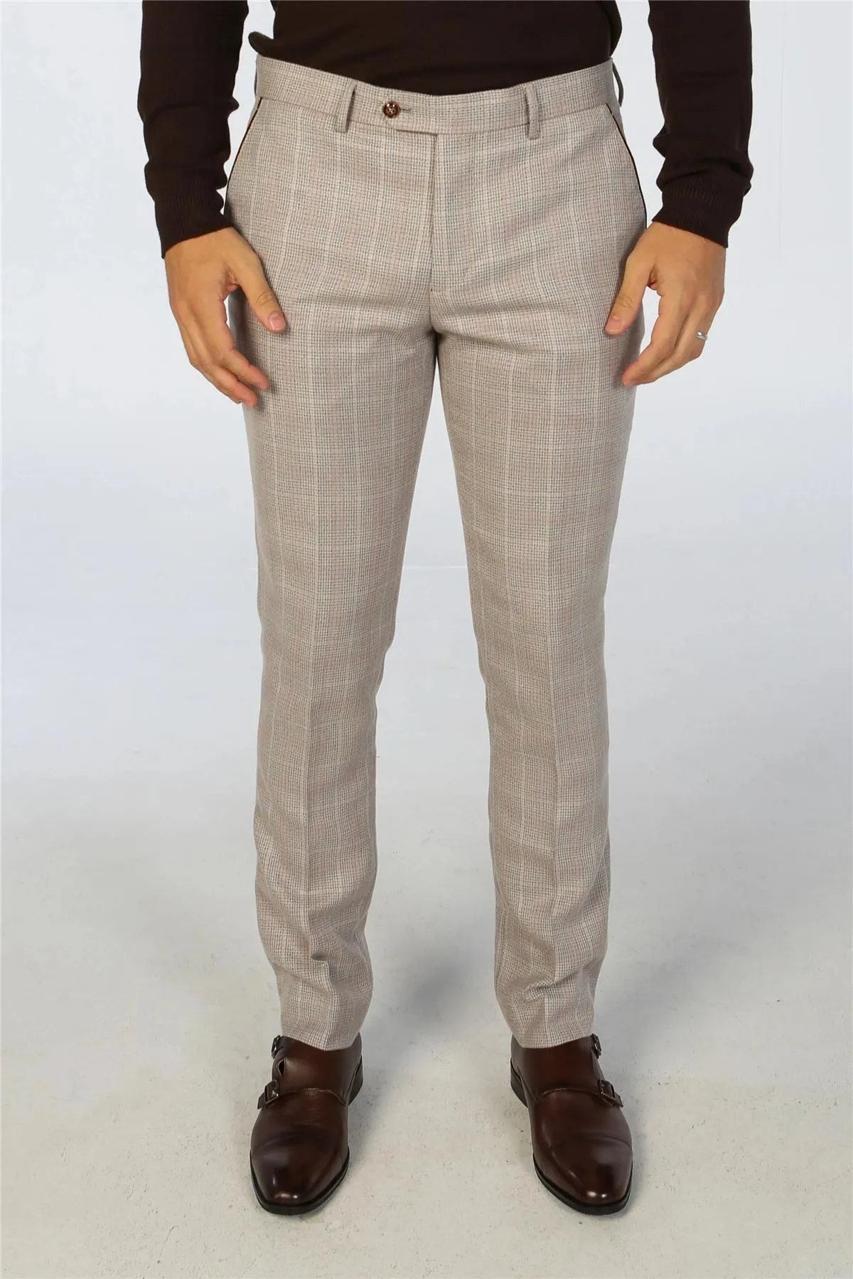 Men's Suit Beige 3 Piece Checked Tailored Fit Formal Dress