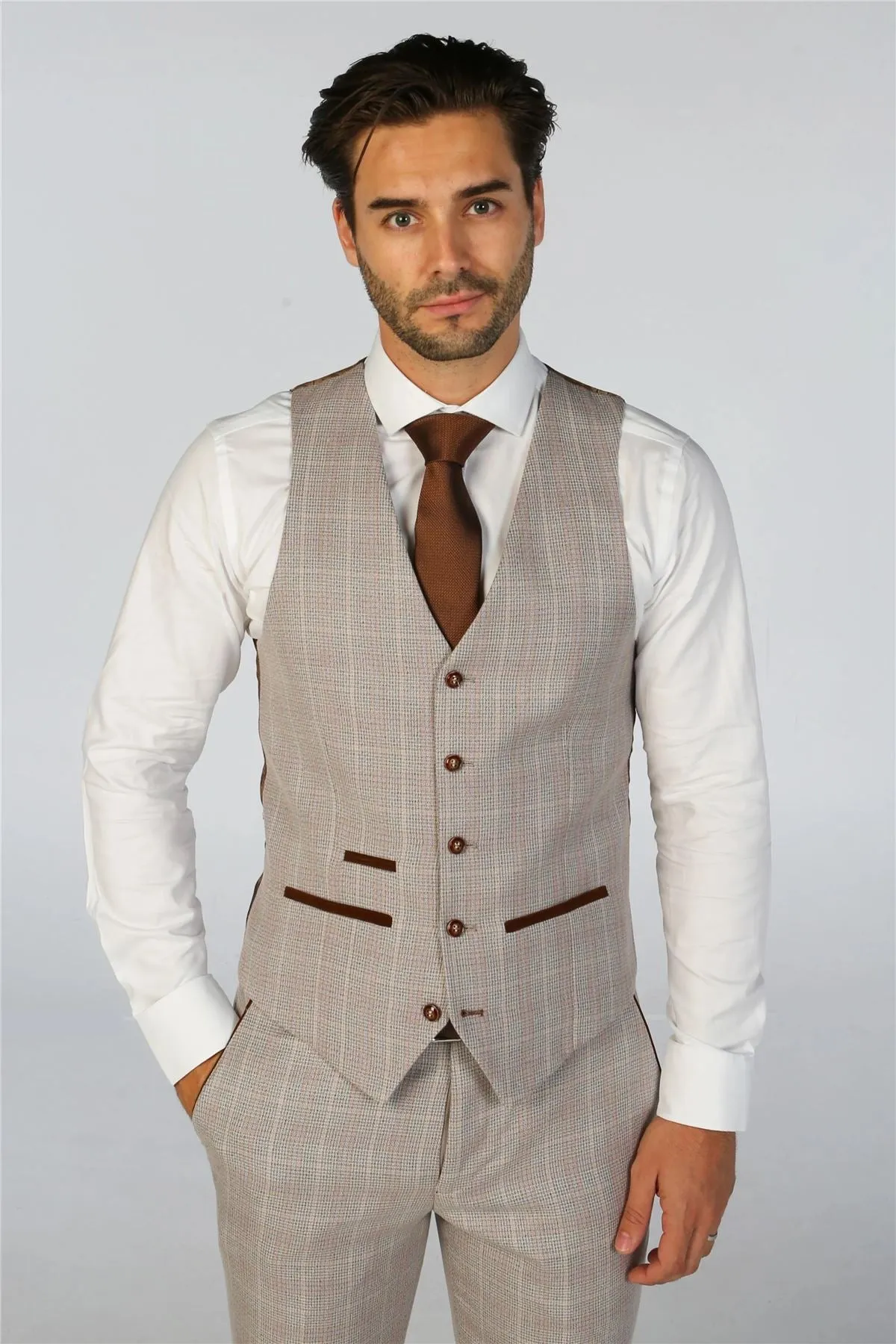 Men's Suit Beige 3 Piece Checked Tailored Fit Formal Dress