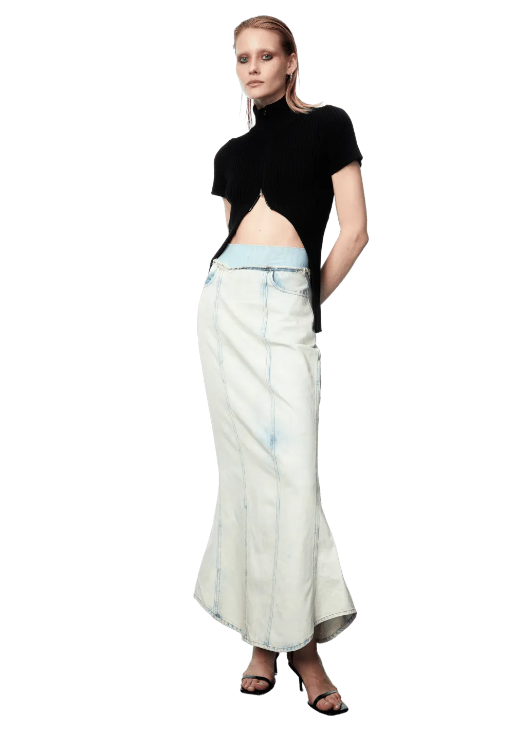 Mesh Waist Patchwork Washed Denim Mermaid Dress