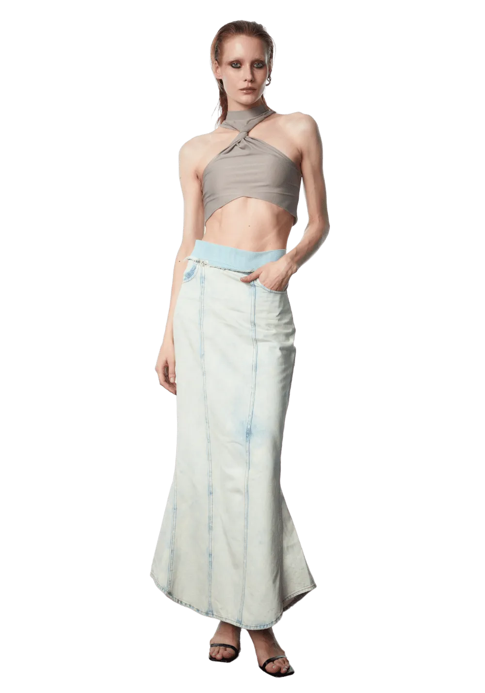 Mesh Waist Patchwork Washed Denim Mermaid Dress