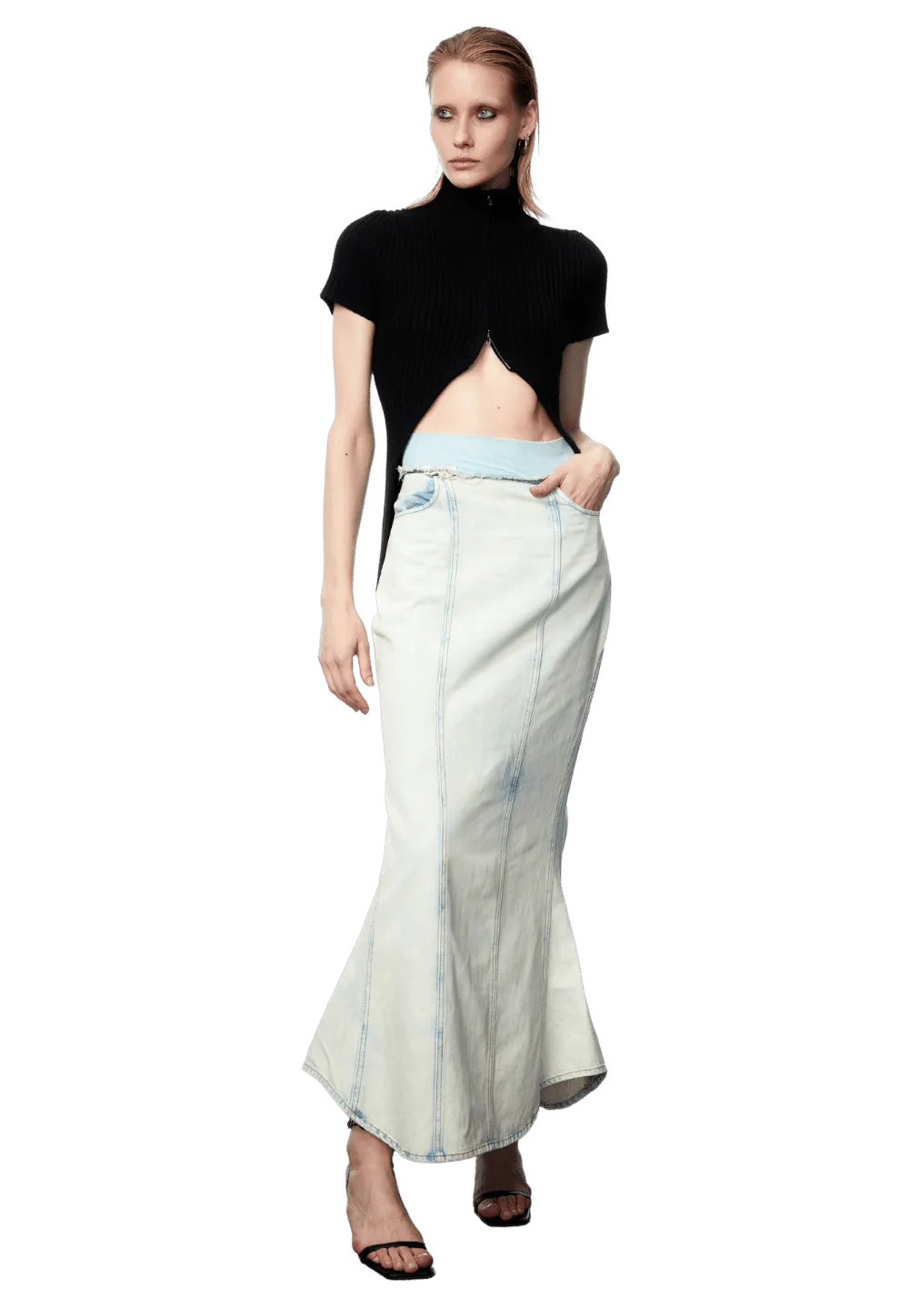 Mesh Waist Patchwork Washed Denim Mermaid Dress