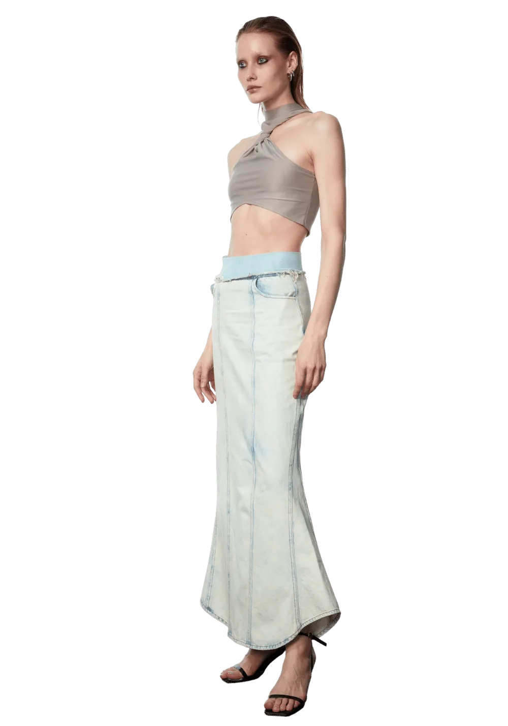 Mesh Waist Patchwork Washed Denim Mermaid Dress