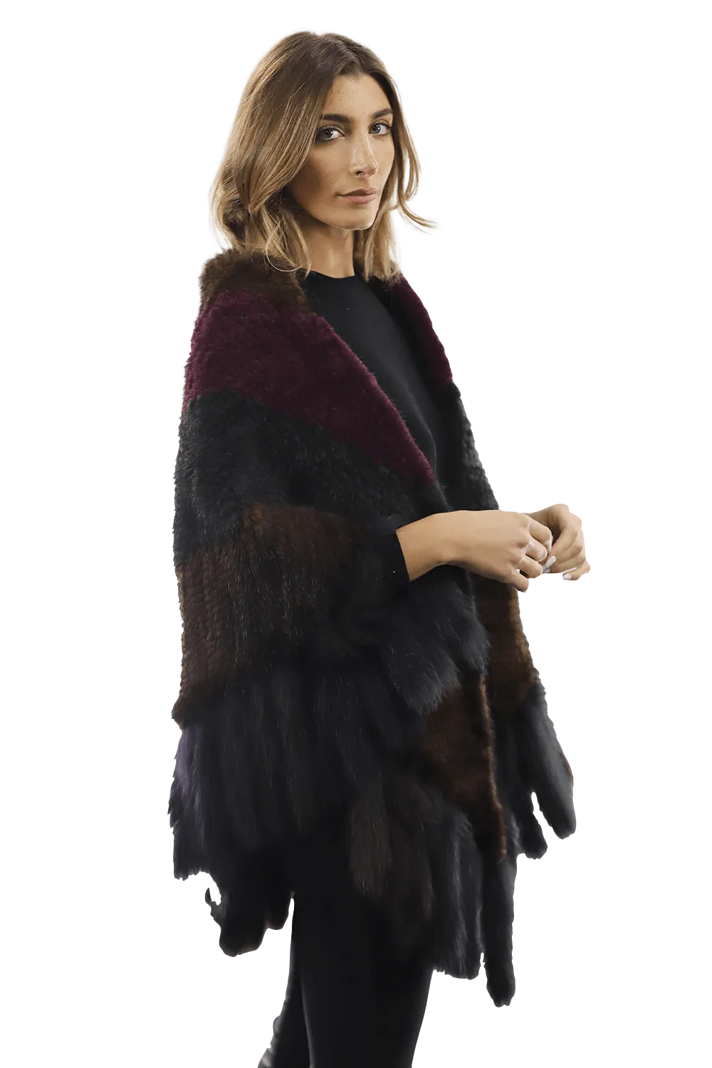 Multi Colored Mink Cape with Fox Fringe