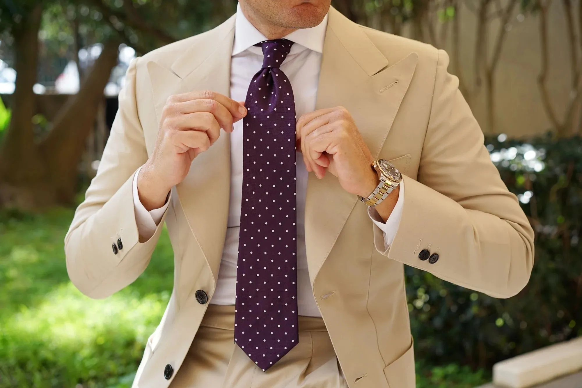 Nailhead Polka Dot Tie - Plum with White