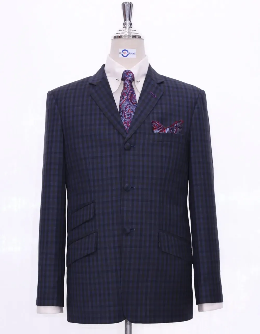 Navy Blue Gingham Check Suit Jacket chest 38 R Trouser size 32 inside leg 32