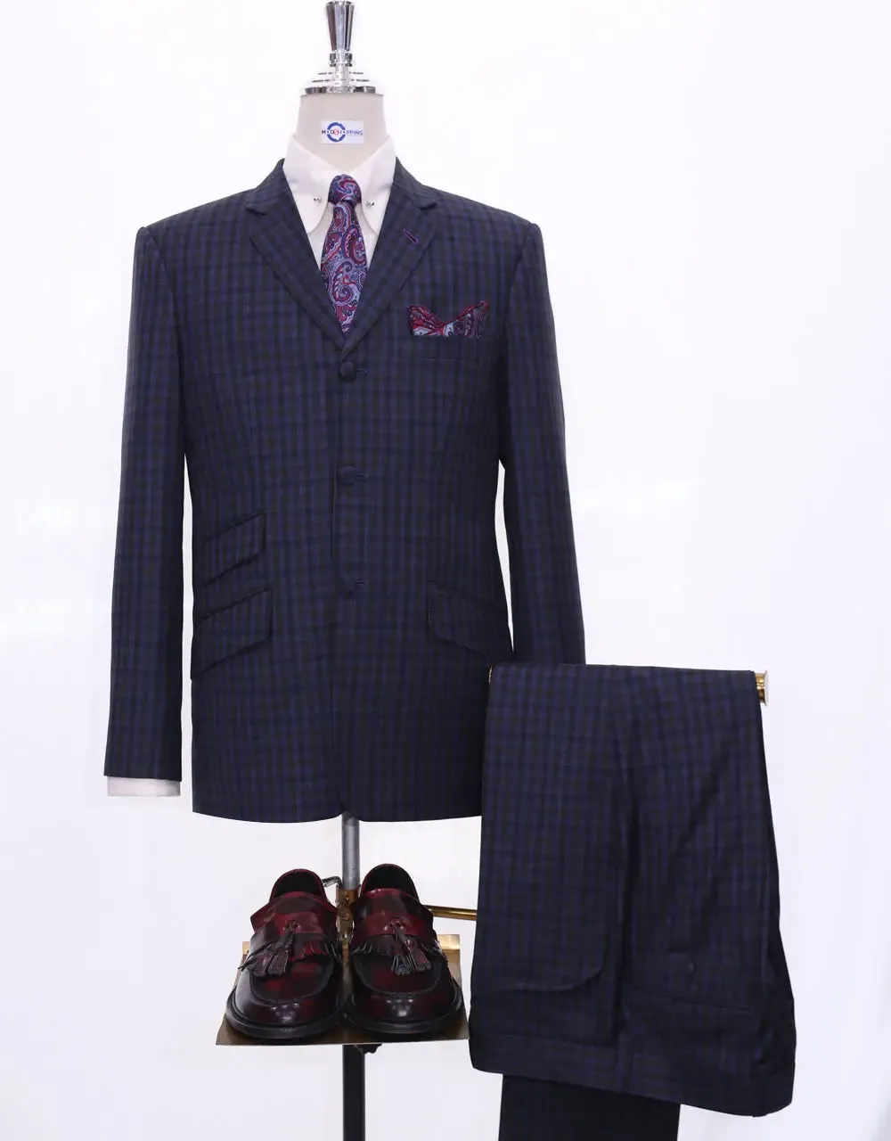 Navy Blue Gingham Check Suit Jacket chest 38 R Trouser size 32 inside leg 32