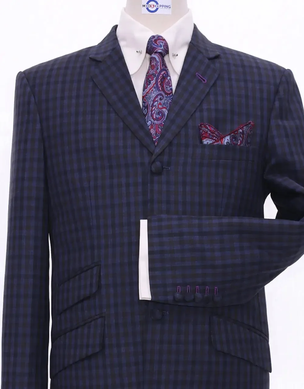 Navy Blue Gingham Check Suit Jacket chest 38 R Trouser size 32 inside leg 32