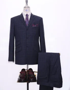 Navy Blue Gingham Check Suit Jacket chest 38 R Trouser size 32 inside leg 32